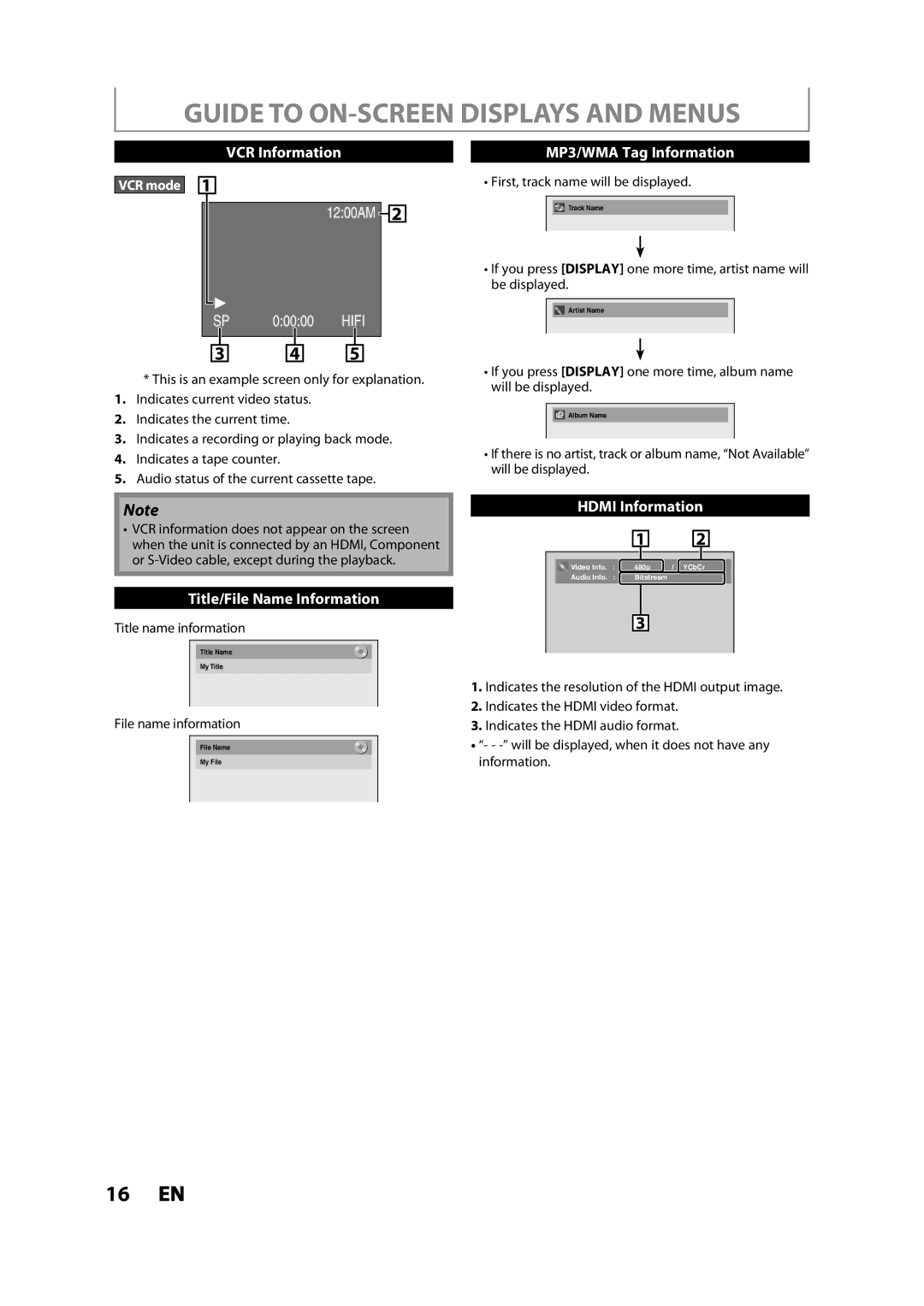 Toshiba DVR620KC Guide to ON-SCREEN Displays and Menus, VCR mode, Title name information, File name information 