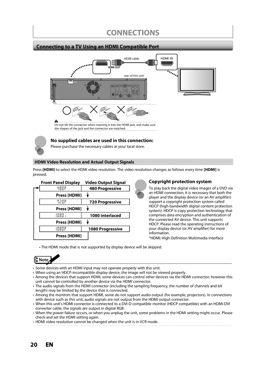 Toshiba DVR620KC owner manual Connections, Connecting to a TV Using an Hdmi Compatible Port, Copyright protection system 