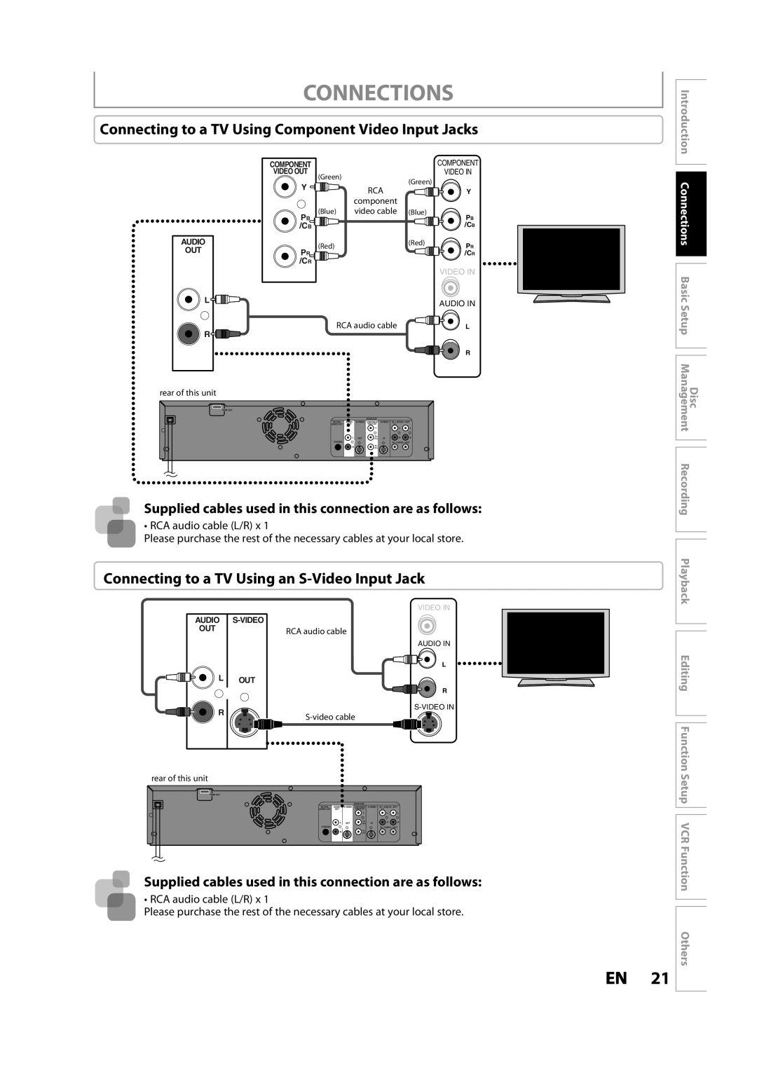 Toshiba DVR620KC Connecting to a TV Using Component Video Input Jacks, Connecting to a TV Using an S-Video Input Jack 