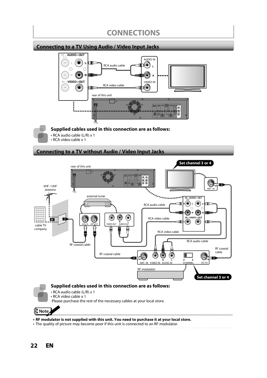 Toshiba DVR620KC Connecting to a TV Using Audio / Video Input Jacks, Connecting to a TV without Audio / Video Input Jacks 