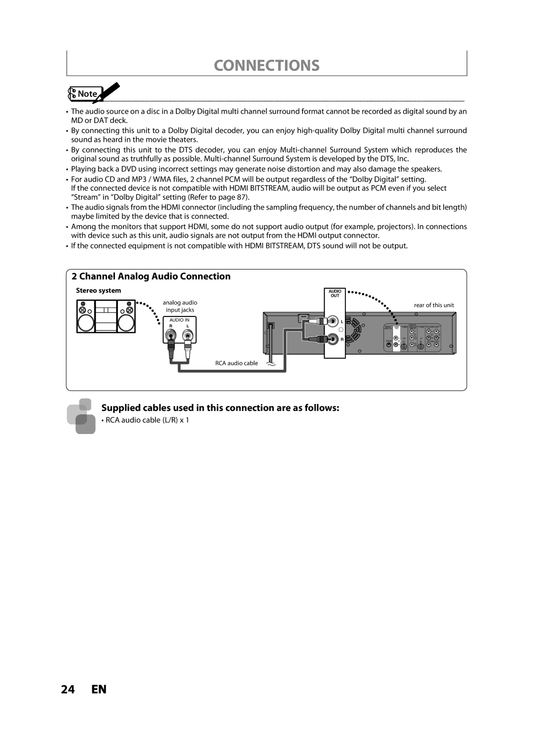 Toshiba DVR620KC owner manual Channel Analog Audio Connection, RCA audio cable L/R x 