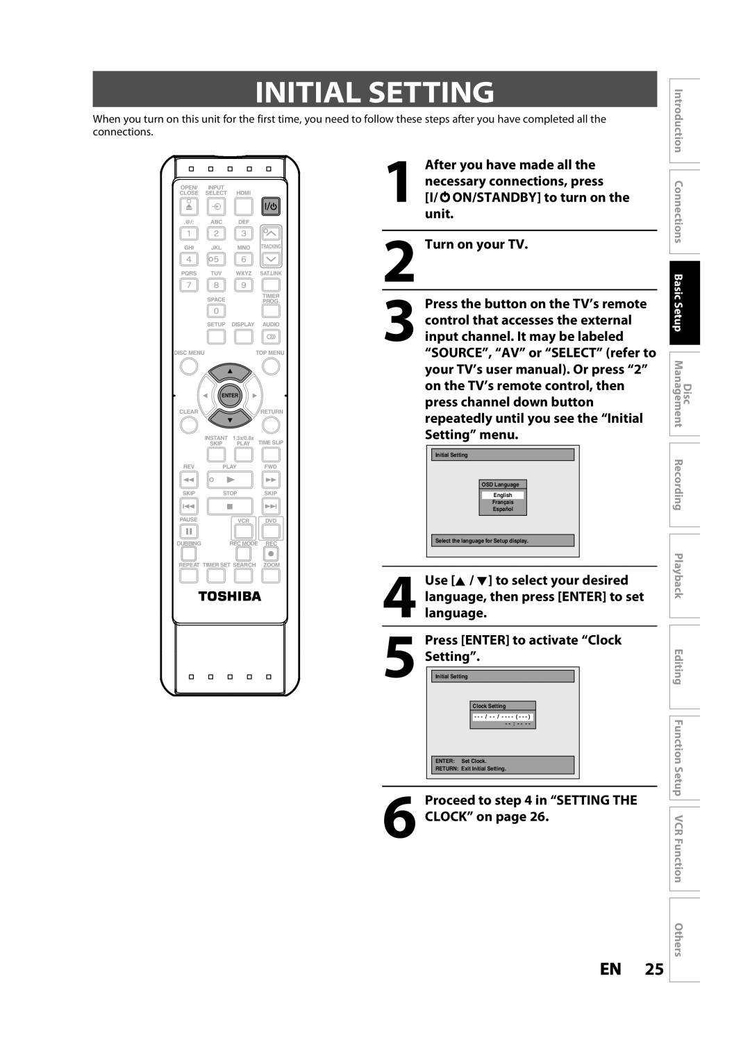 Toshiba DVR620KC owner manual Initial Setting, Proceed to in Setting Clock on 