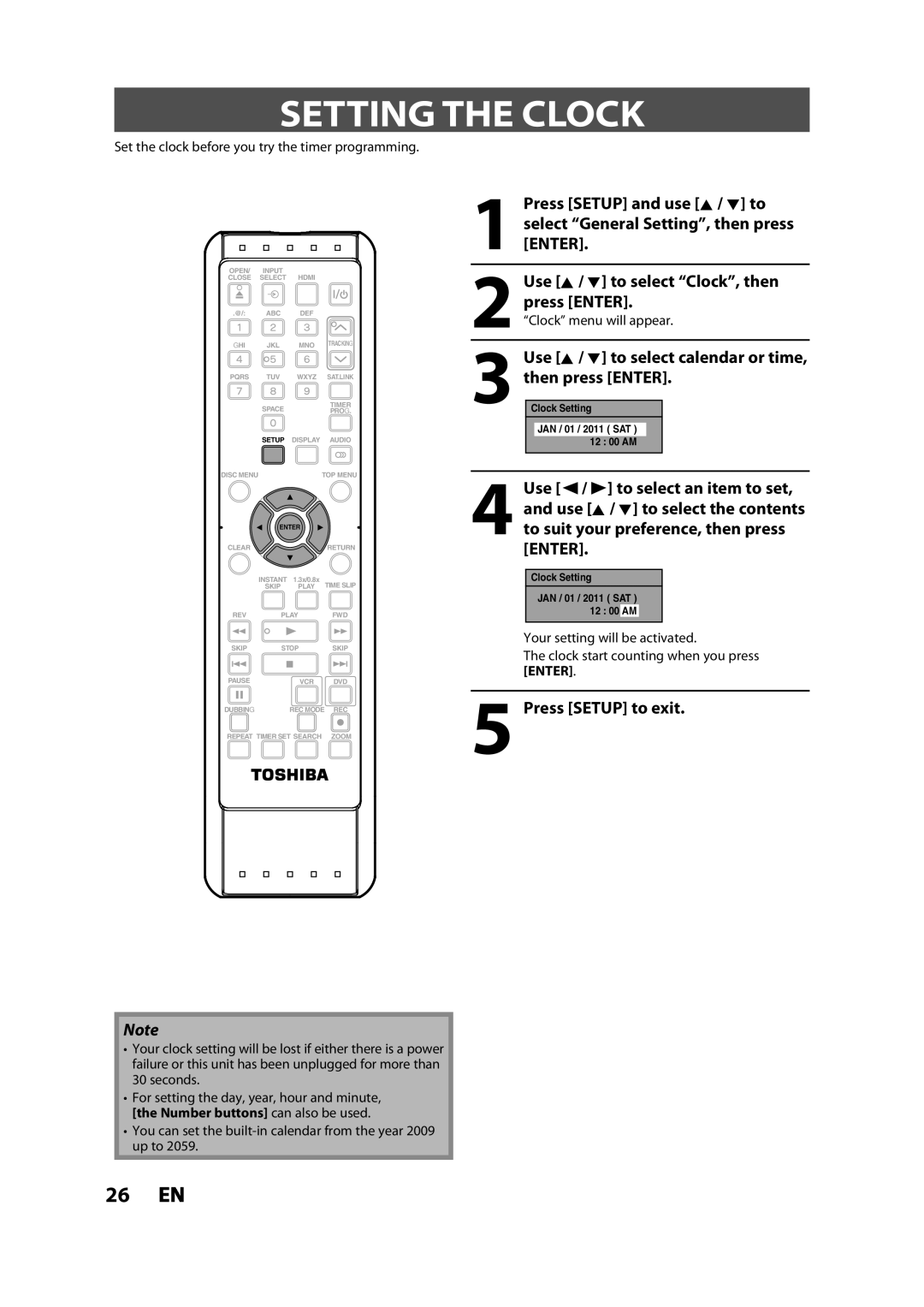 Toshiba DVR620KC owner manual Setting the Clock 