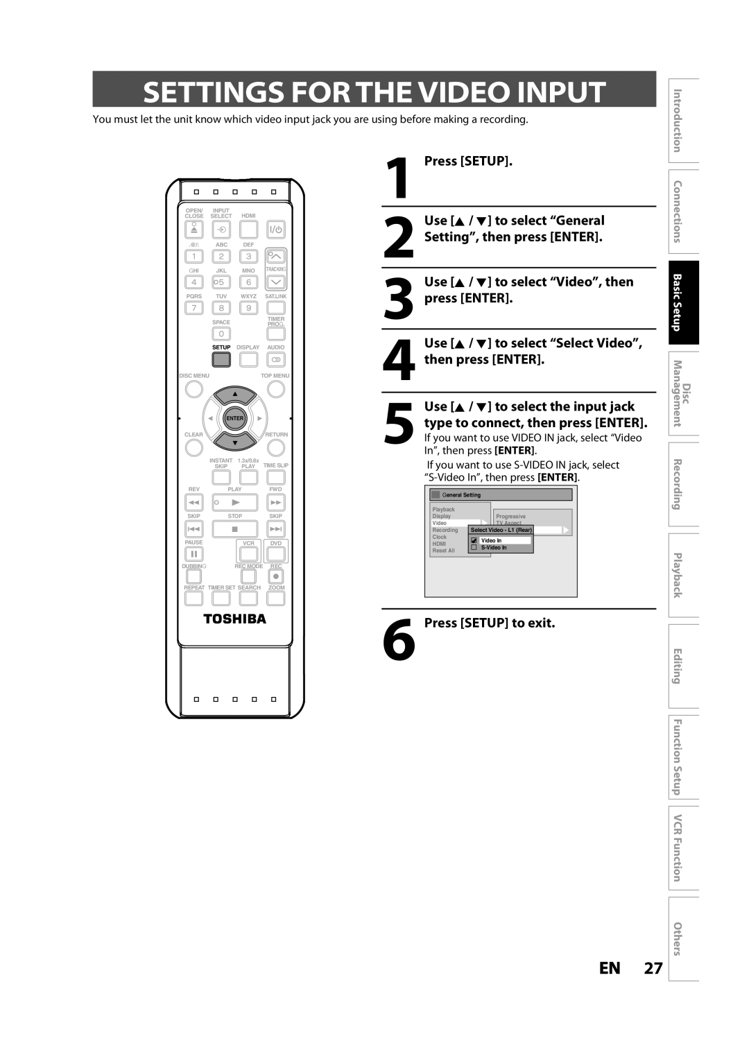 Toshiba DVR620KC owner manual Settings for the Video Input 