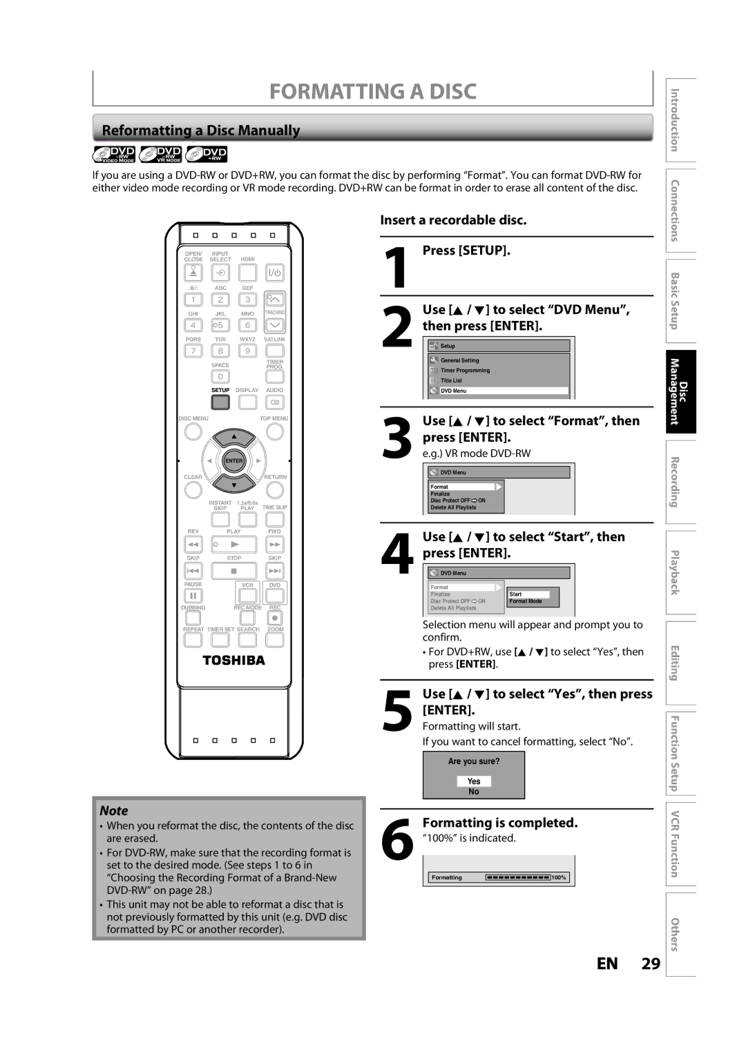 Toshiba DVR620KC Formatting a Disc, Reformatting a Disc Manually, Use K / L to select Yes, then press, VR mode DVD-RW 