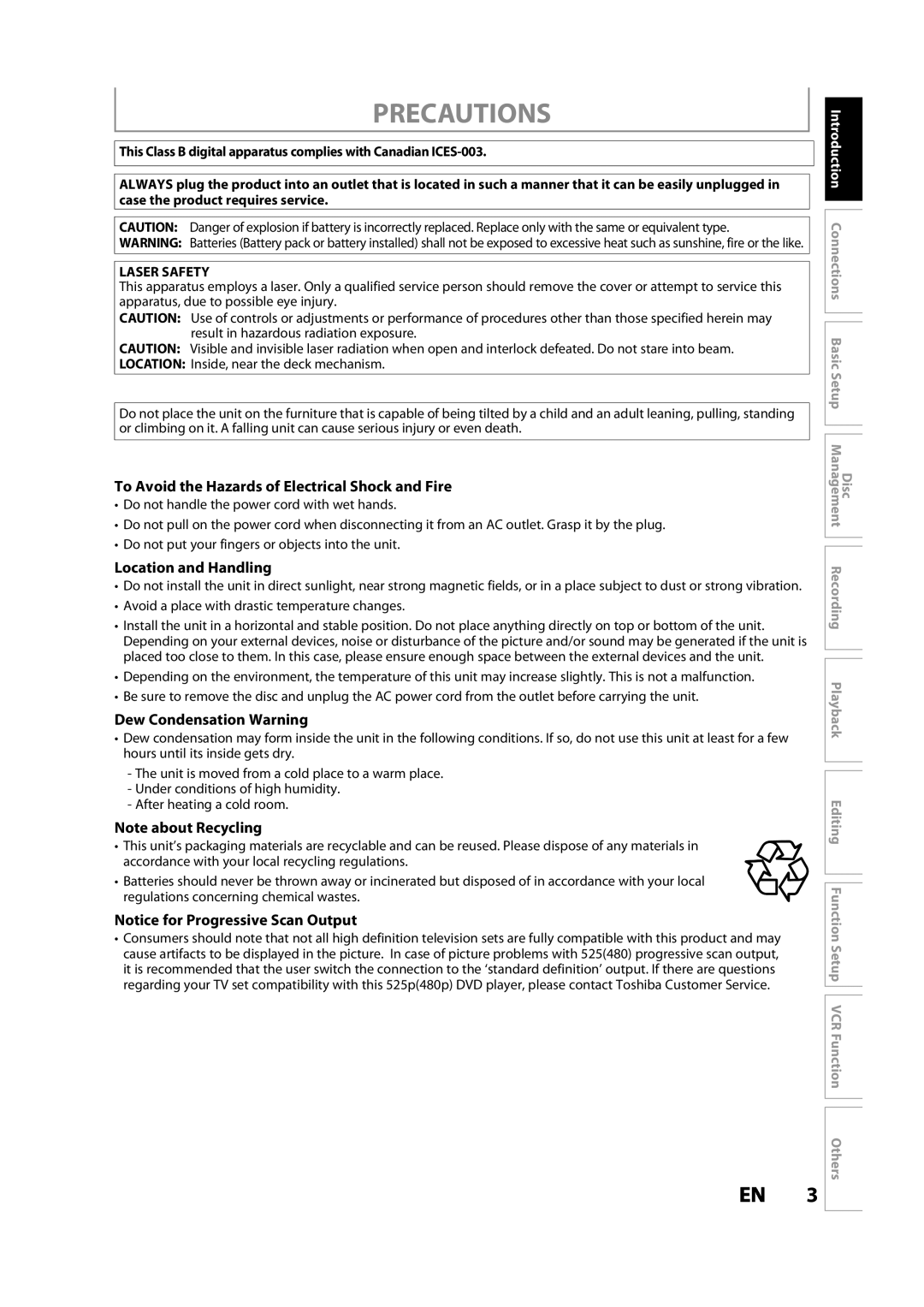 Toshiba DVR620KC owner manual Precautions, To Avoid the Hazards of Electrical Shock and Fire, Location and Handling 