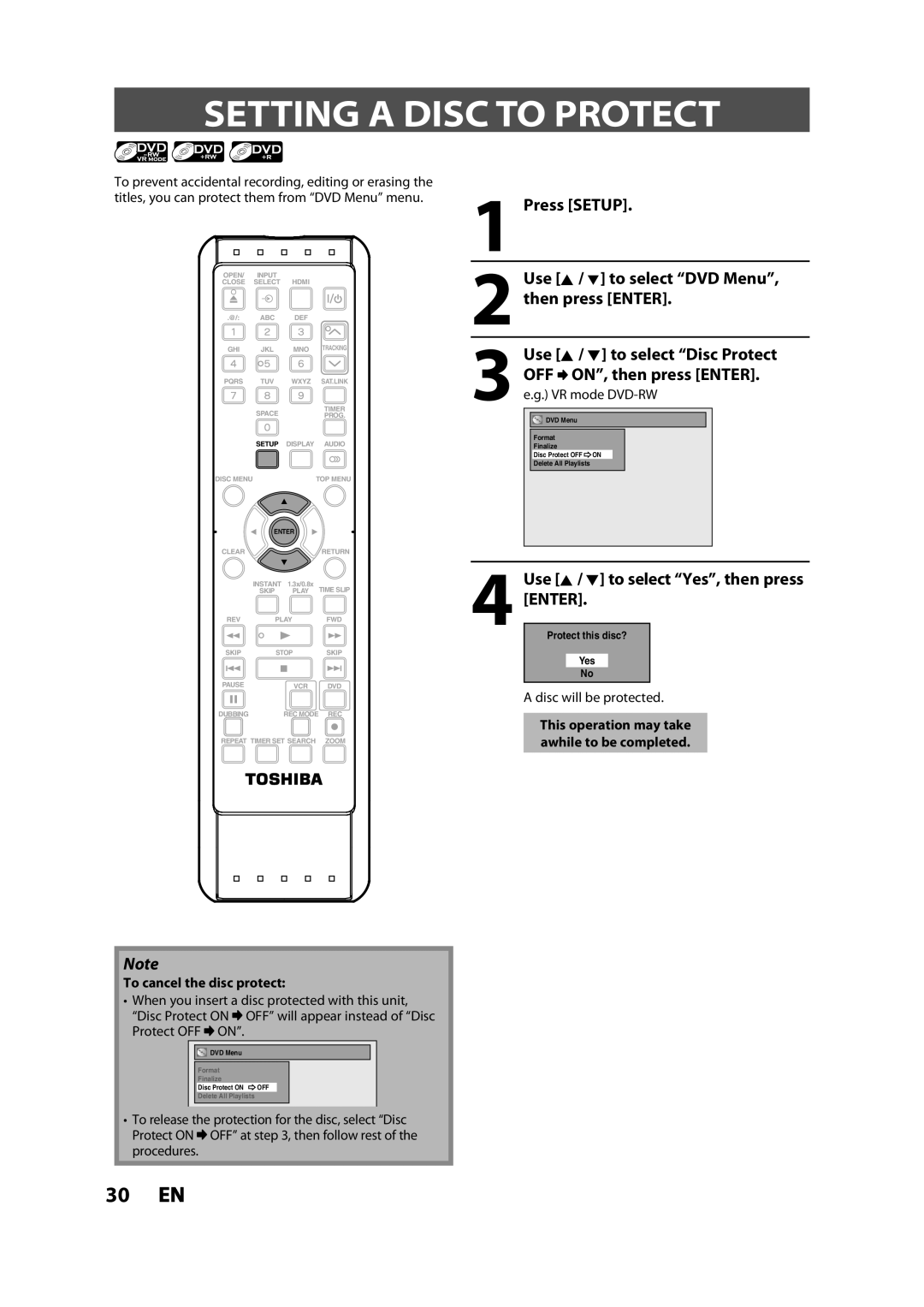 Toshiba DVR620KC owner manual Setting a Disc to Protect, Use K / L to select Disc Protect, OFF ON, then press Enter 