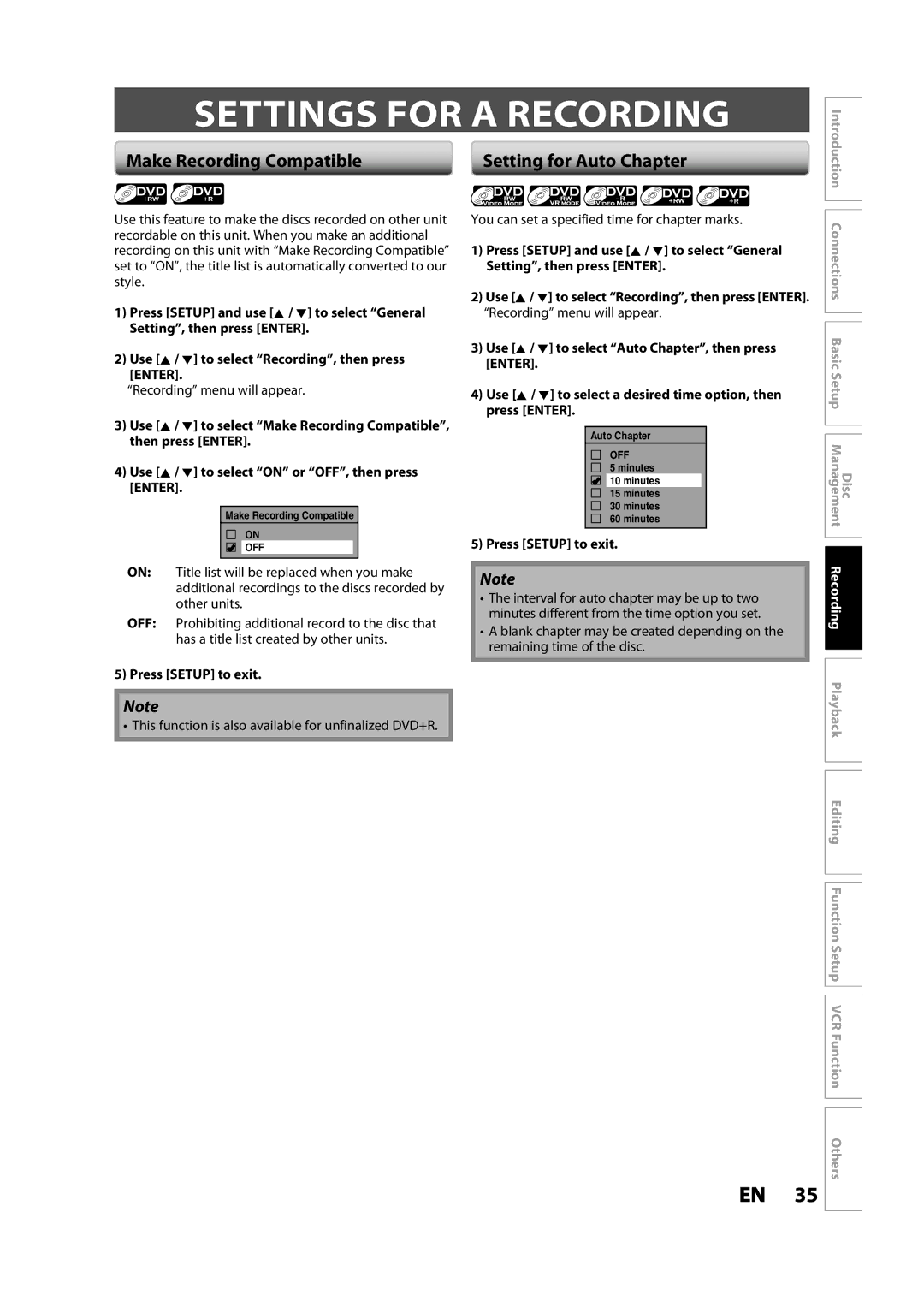 Toshiba DVR620KC Settings for a Recording, Make Recording Compatible, Setting for Auto Chapter, Recording menu will appear 