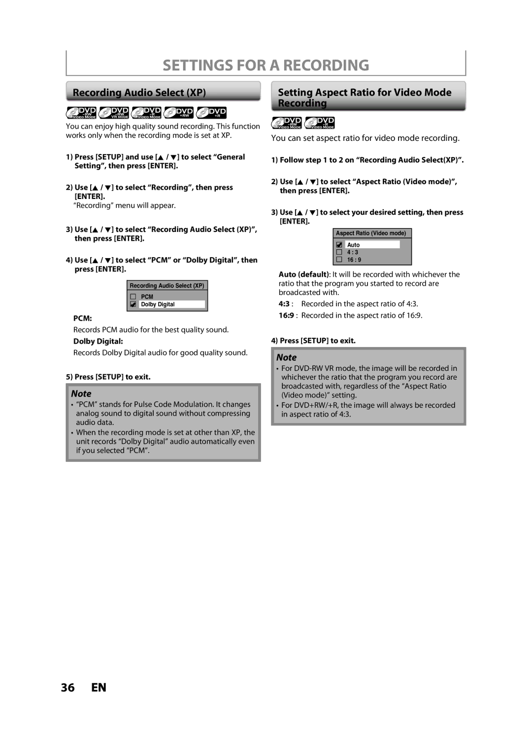 Toshiba DVR620KC Settings for a Recording, Recording Audio Select XP, Setting Aspect Ratio for Video Mode, Dolby Digital 