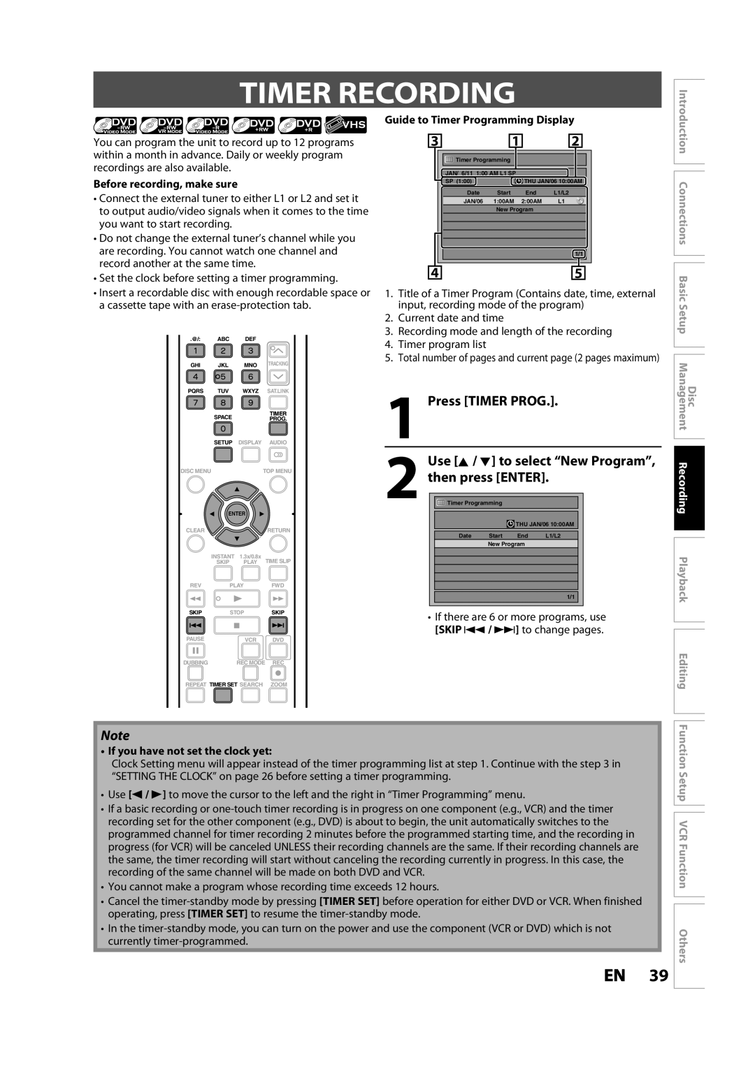 Toshiba DVR620KC owner manual Timer Recording, Press Timer Prog, Use K / L to select New Program 