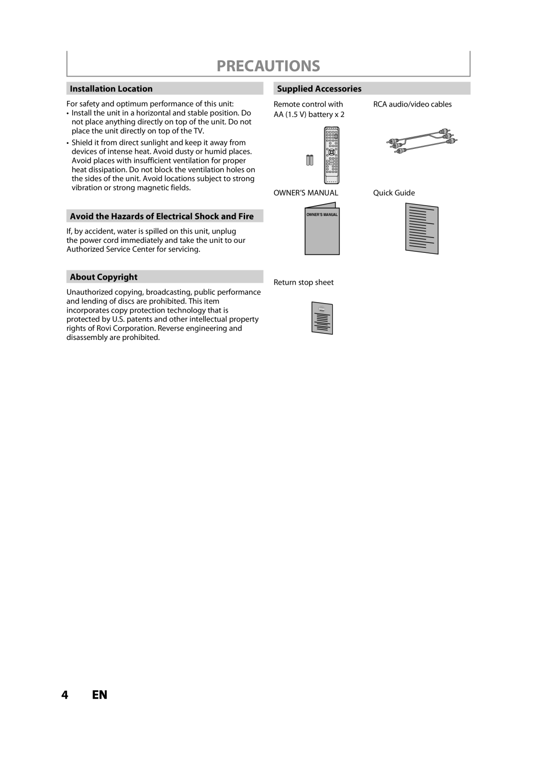 Toshiba DVR620KC owner manual Installation Location, Avoid the Hazards of Electrical Shock and Fire, Supplied Accessories 