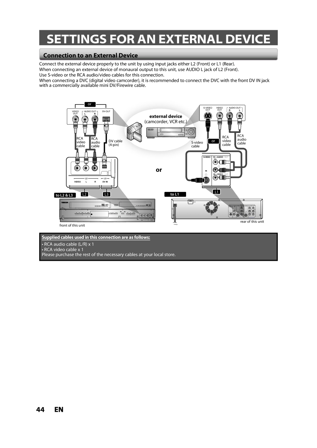 Toshiba DVR620KC Settings for AN External Device, Connection to an External Device, External device, Camcorder, VCR etc 