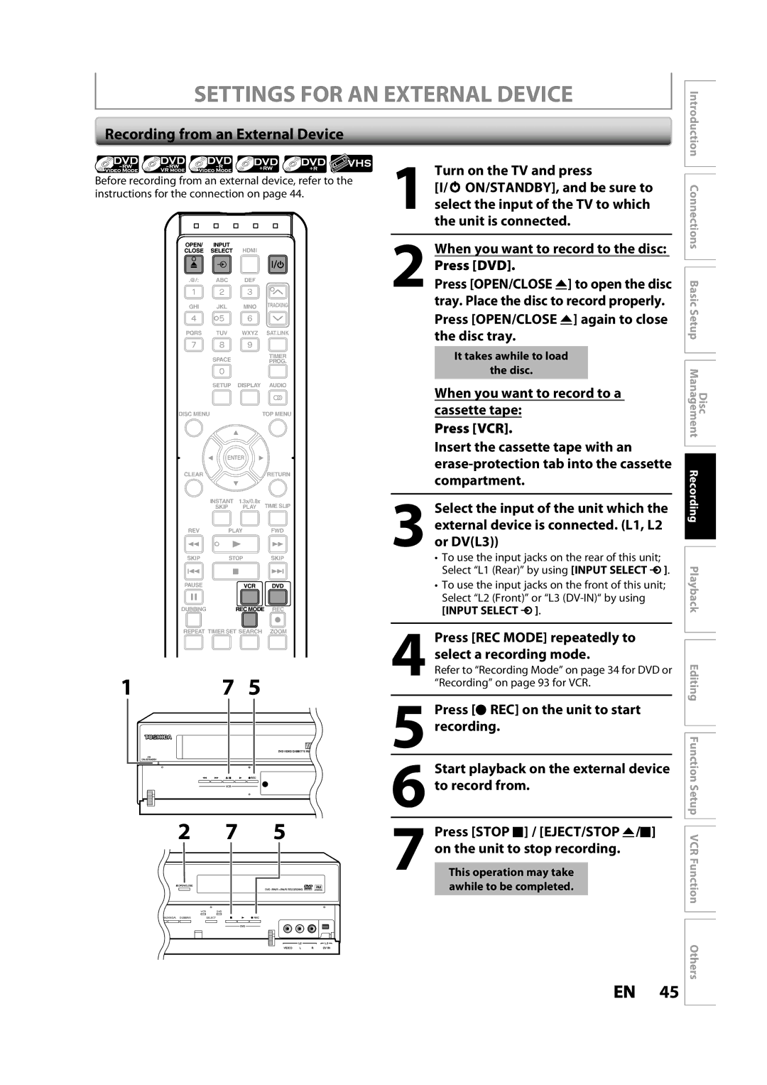 Toshiba DVR620KC owner manual Settings for AN External Device, Recording from an External Device 