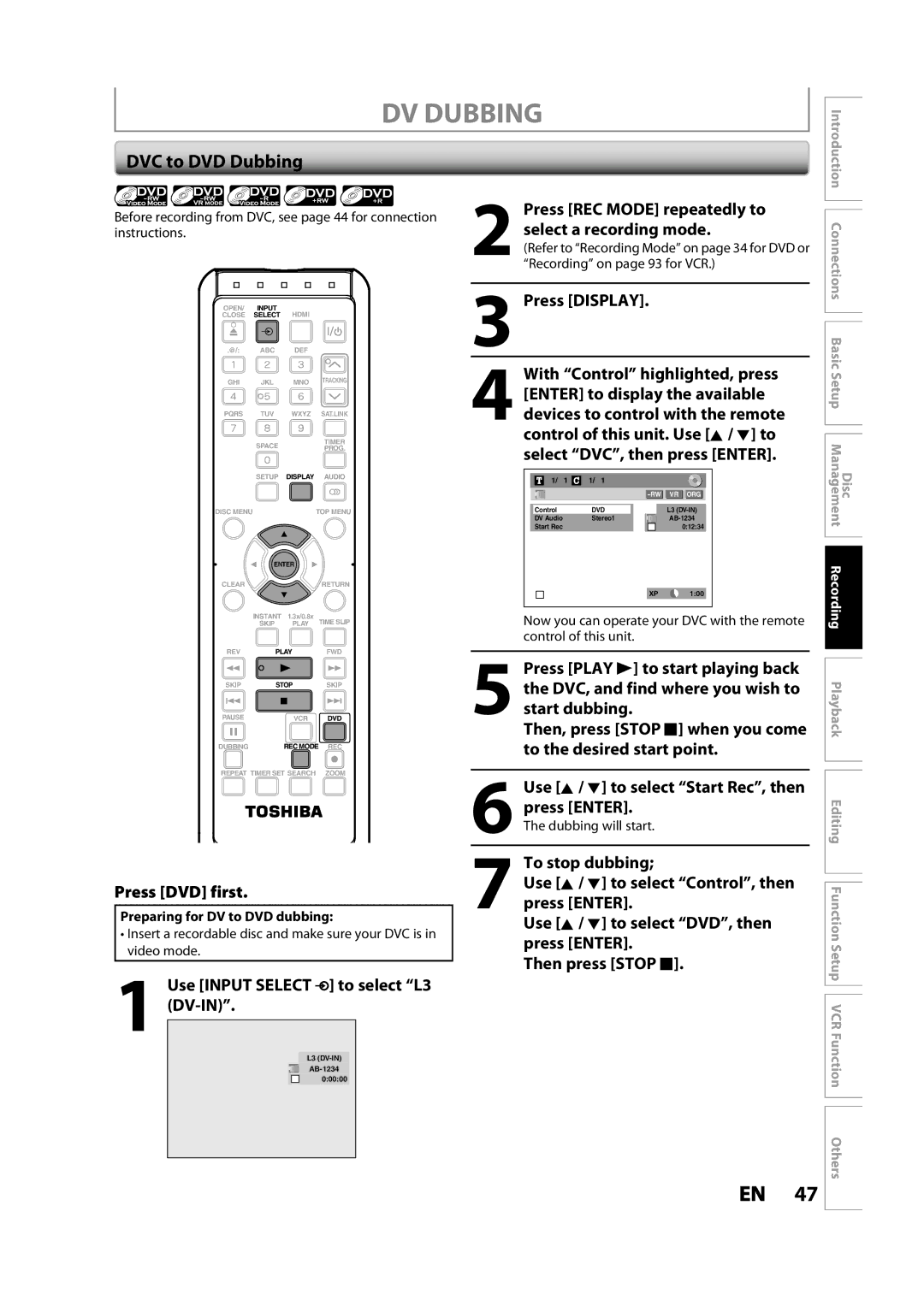 Toshiba DVR620KC owner manual DV Dubbing, DVC to DVD Dubbing 