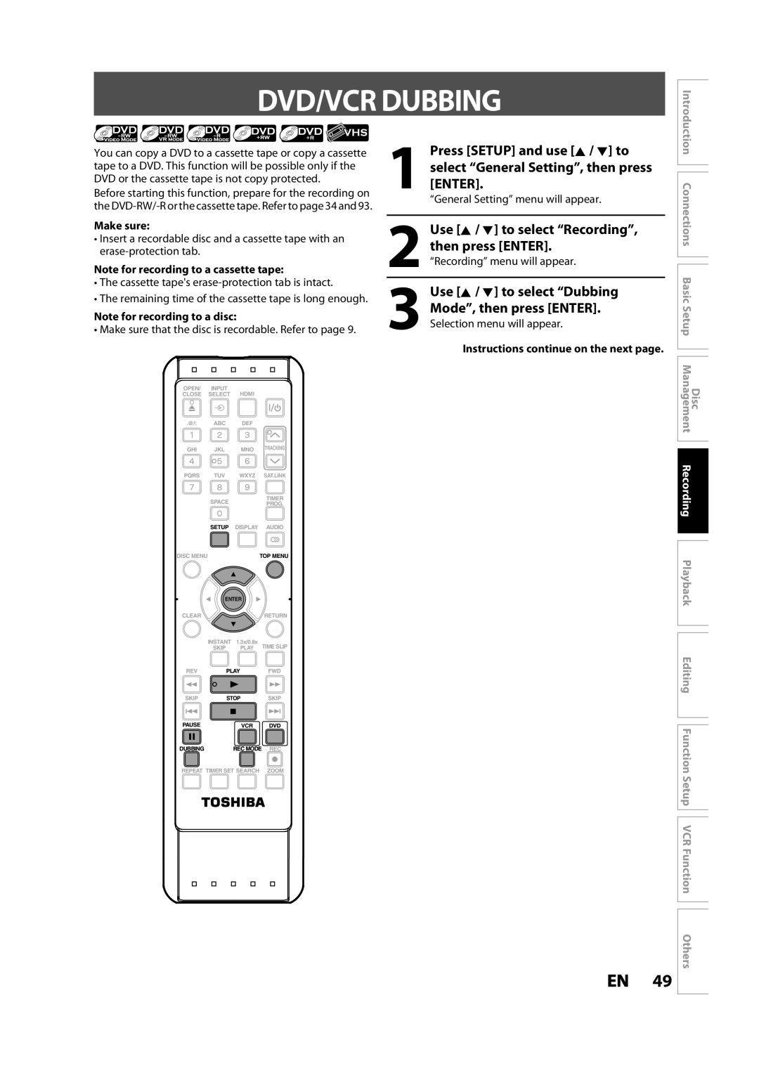 Toshiba DVR620KC owner manual DVD/VCR Dubbing, Use K / L to select Dubbing Mode, then press Enter, Make sure 