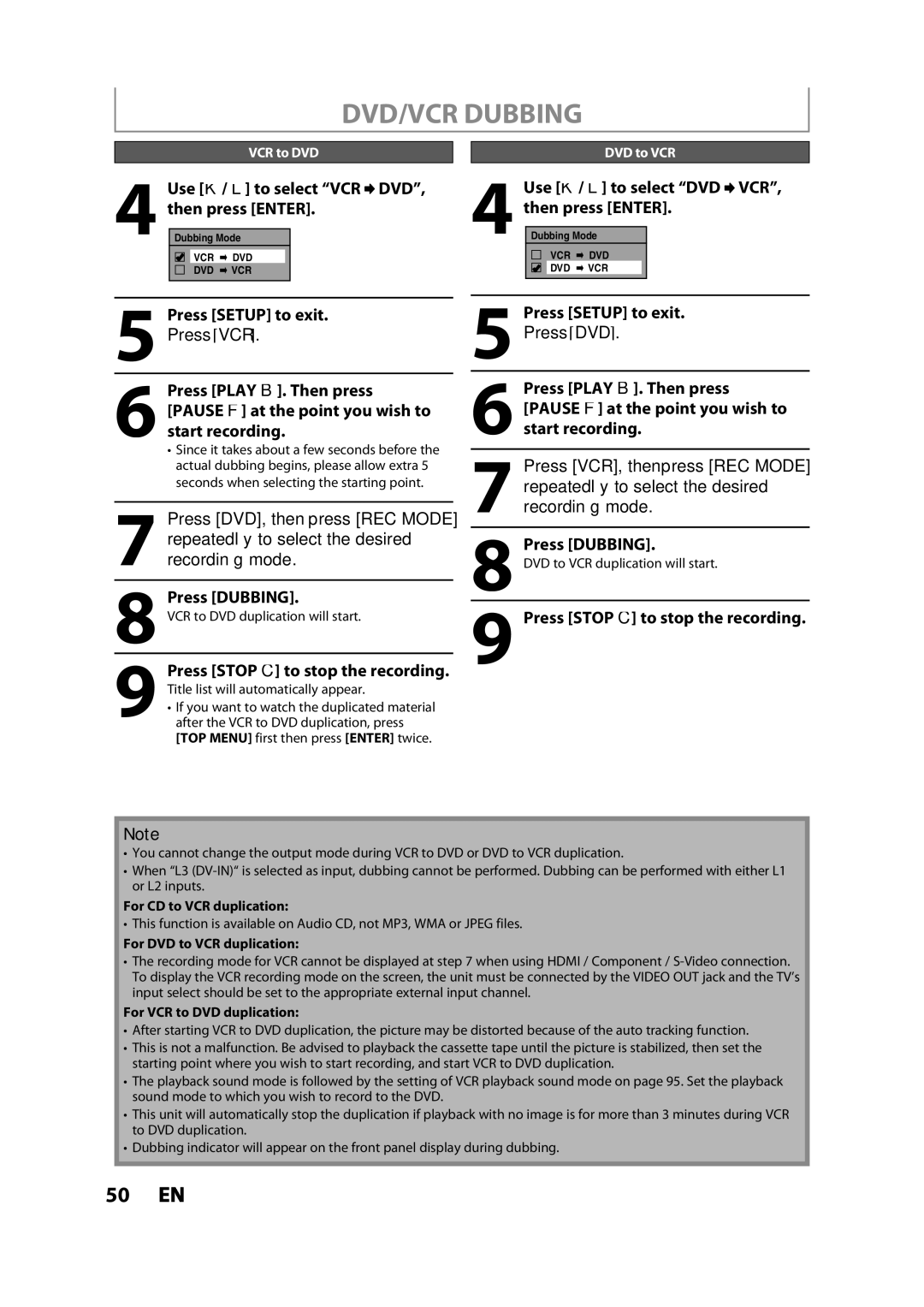 Toshiba DVR620KC DVD/VCR Dubbing, Use K / L to select VCR DVD, then press Enter, Use K / L to select DVD VCR, Then press 