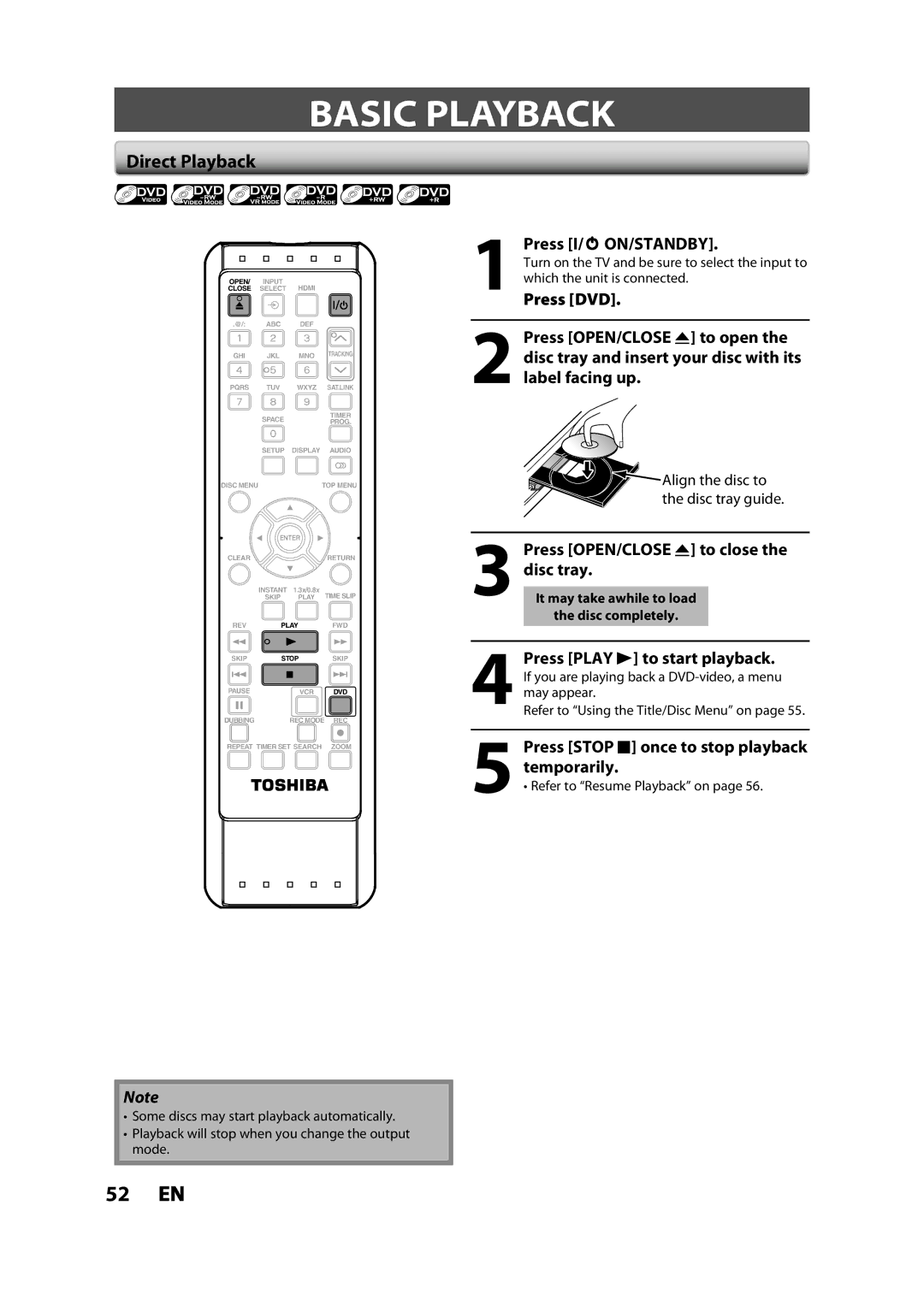 Toshiba DVR620KC owner manual Basic Playback, Direct Playback, Press I/ y ON/STANDBY, Press Play B to start playback 