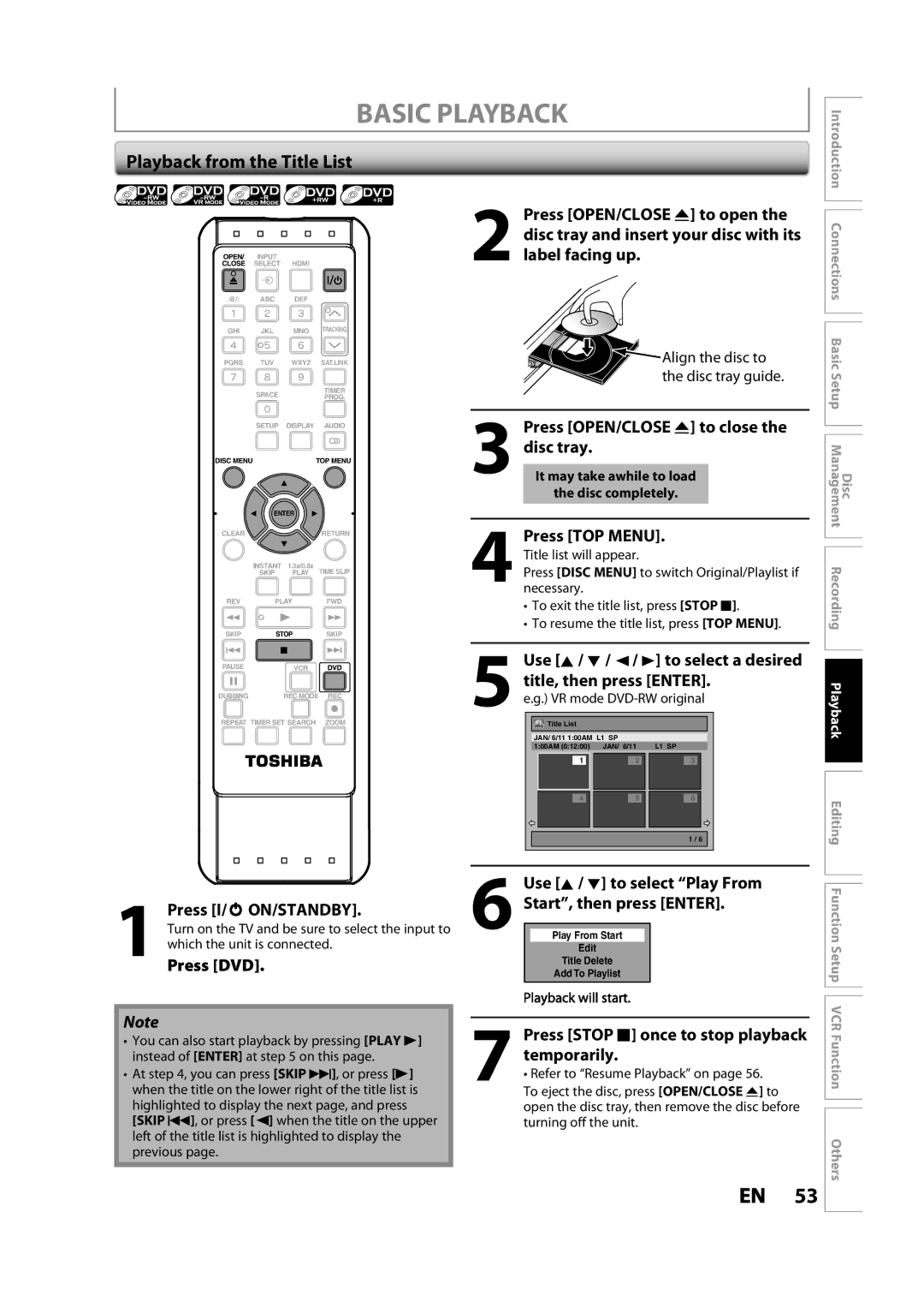 Toshiba DVR620KC owner manual Basic Playback, Playback from the Title List 