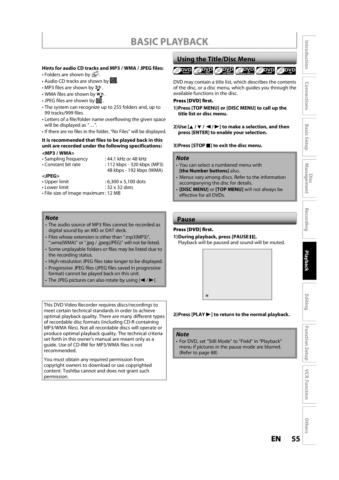 Toshiba DVR620KC owner manual Using the Title/Disc Menu, Pause 