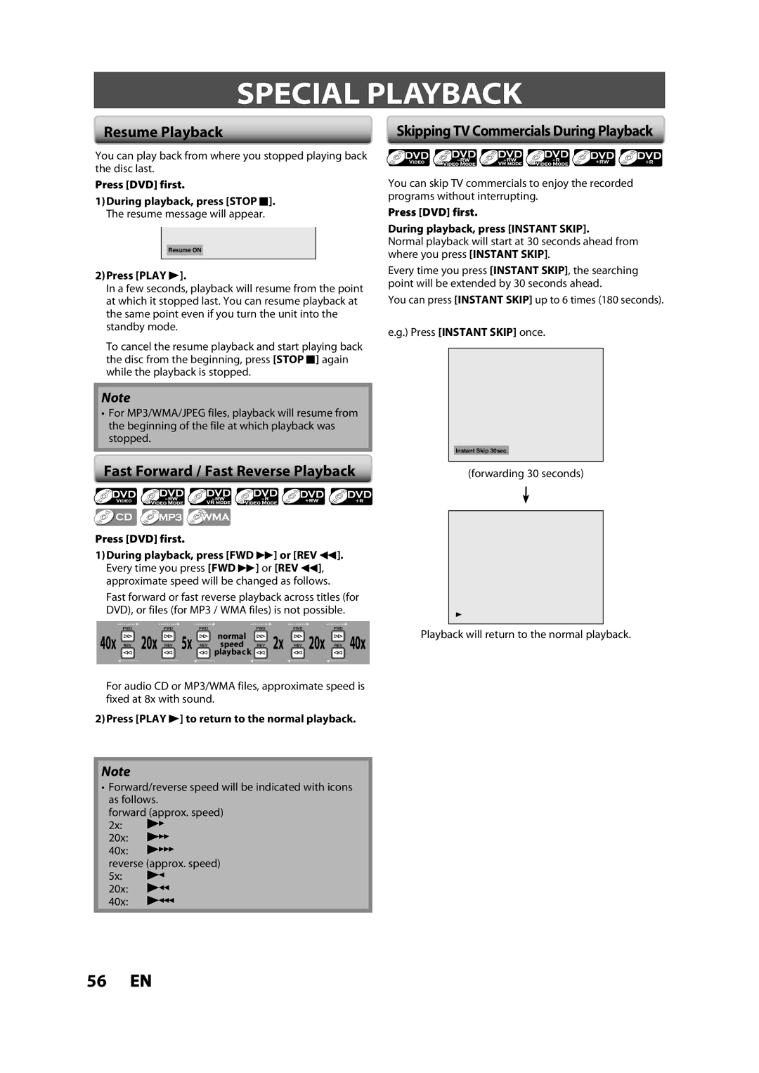 Toshiba DVR620KC owner manual Special Playback, Resume Playback, Fast Forward / Fast Reverse Playback 