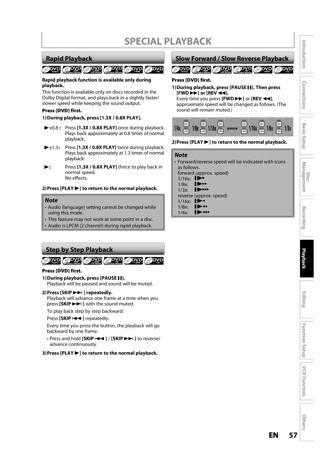 Toshiba DVR620KC owner manual Special Playback, Rapid Playback, Step by Step Playback, Slow Forward / Slow Reverse Playback 