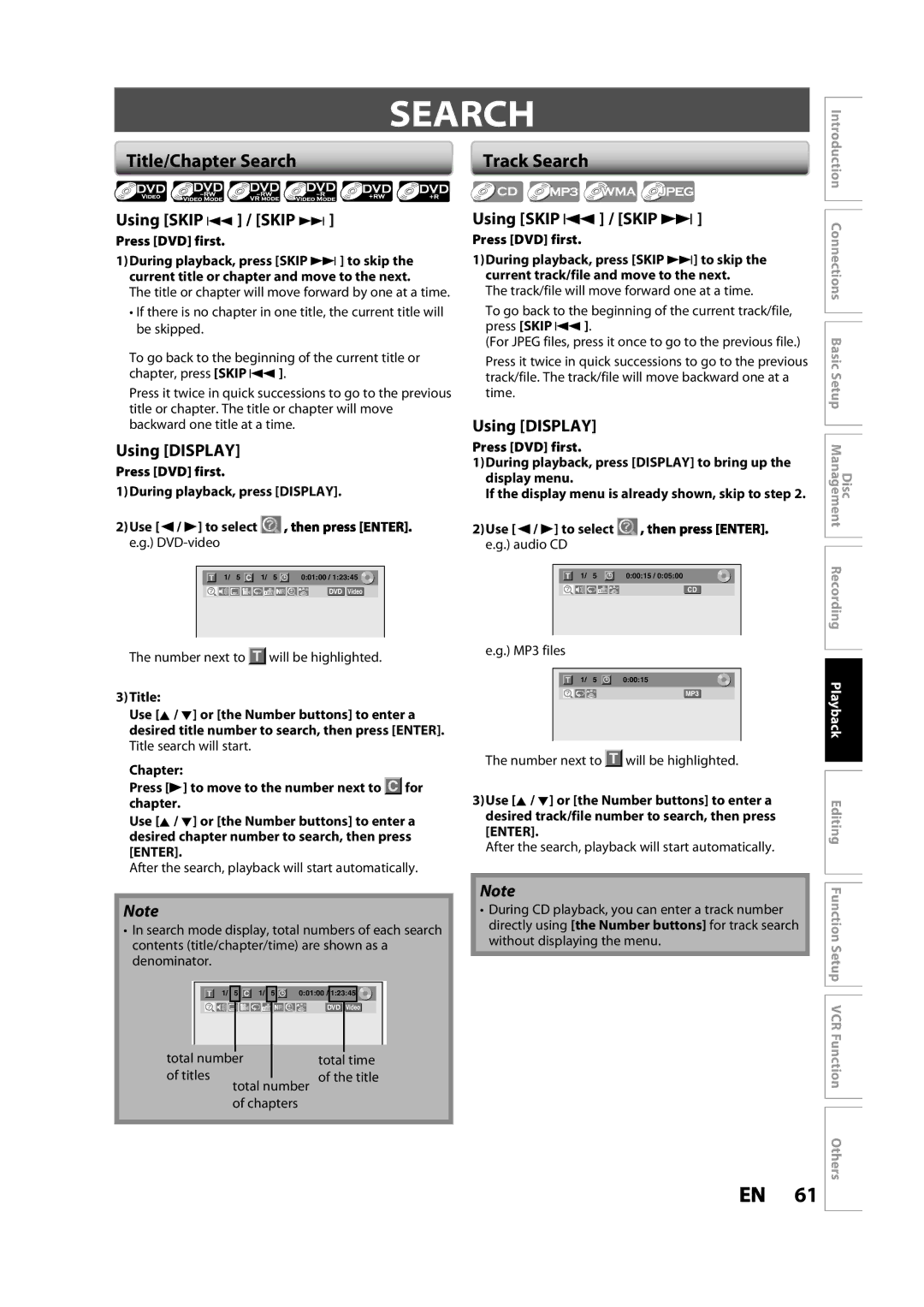 Toshiba DVR620KC owner manual Title/Chapter Search, Track Search, Using Skip j / Skip, Using Display 