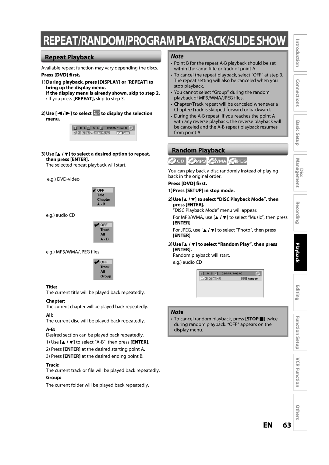 Toshiba DVR620KC owner manual Repeat Playback, Random Playback 