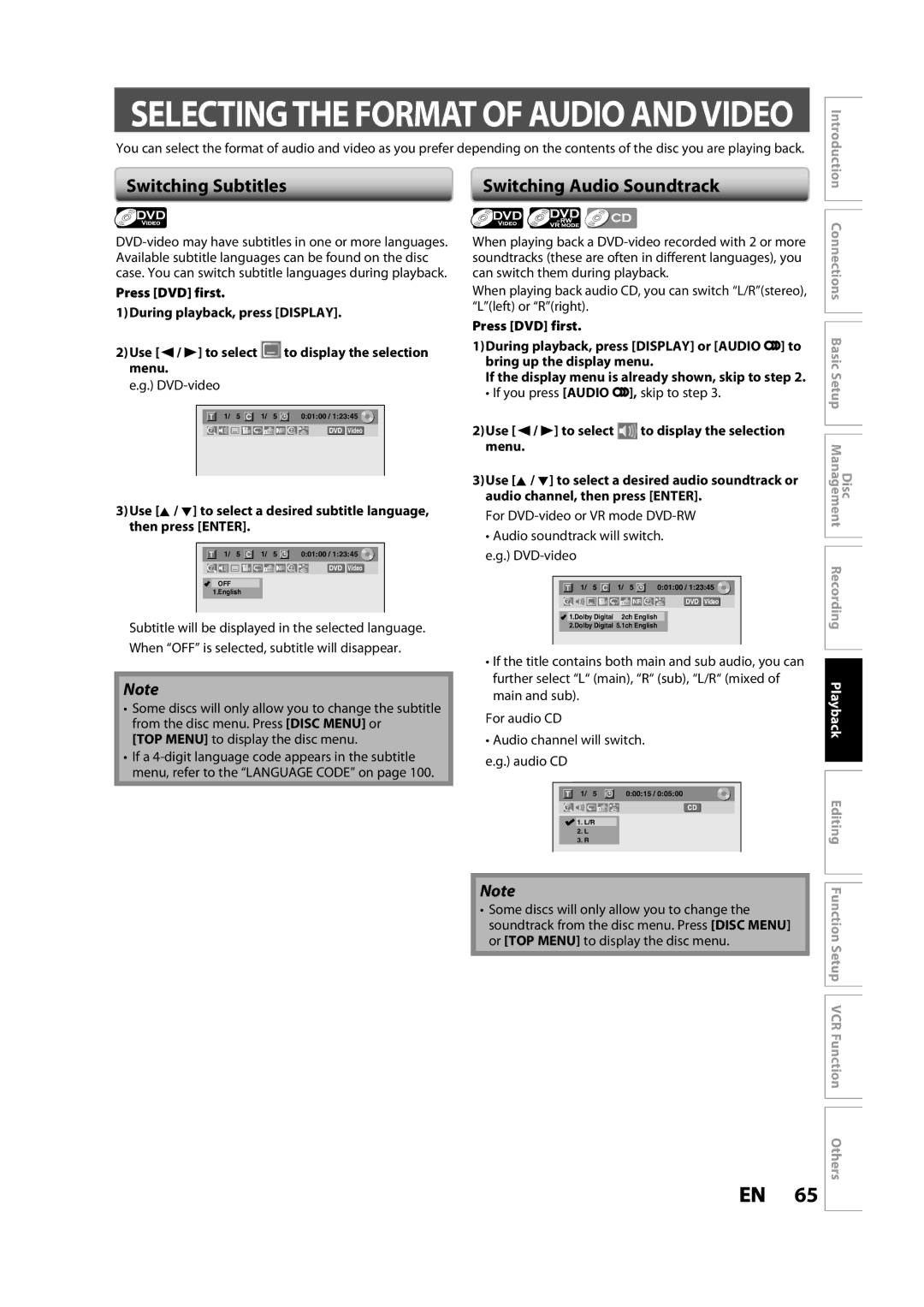 Toshiba DVR620KC owner manual Switching Subtitles, Switching Audio Soundtrack, Can switch them during playback 