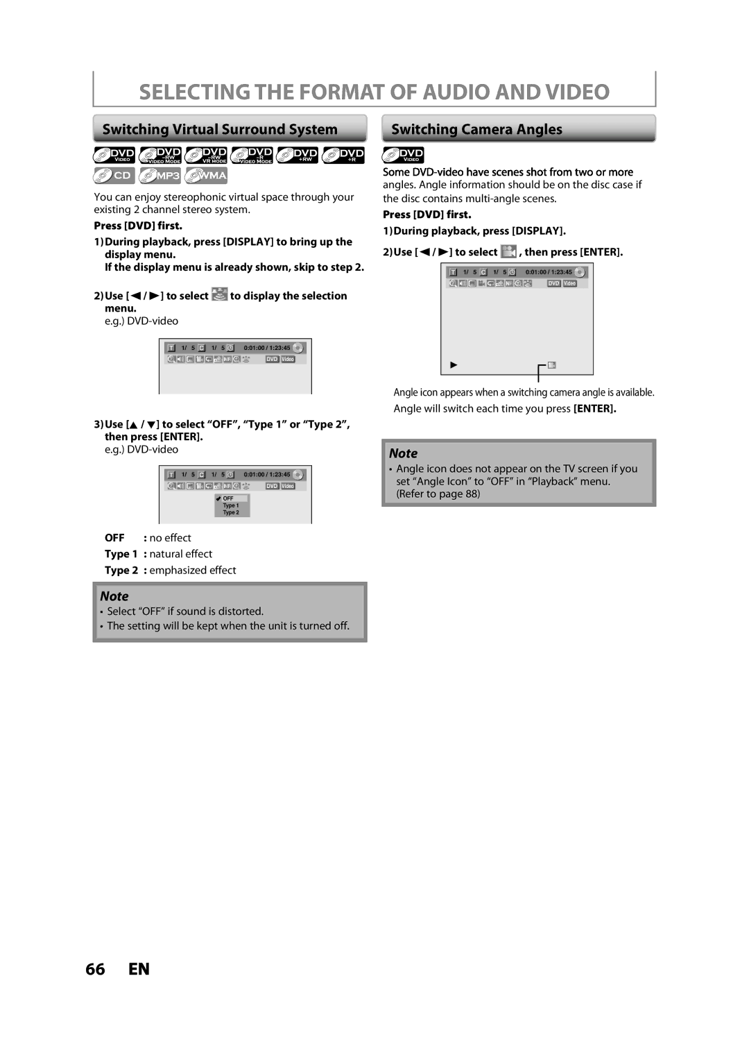 Toshiba DVR620KC Selecting the Format of Audio and Video, Switching Virtual Surround System, Switching Camera Angles 