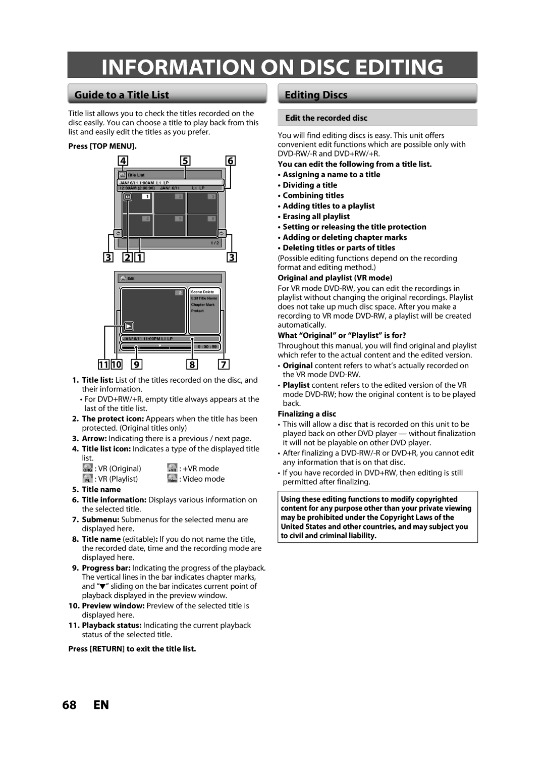 Toshiba DVR620KC owner manual Information on Disc Editing, Guide to a Title List, Editing Discs 