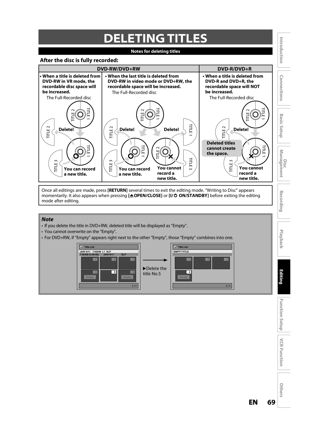 Toshiba DVR620KC owner manual Deleting Titles, After the disc is fully recorded, Full-Recorded disc, New title, Editing 