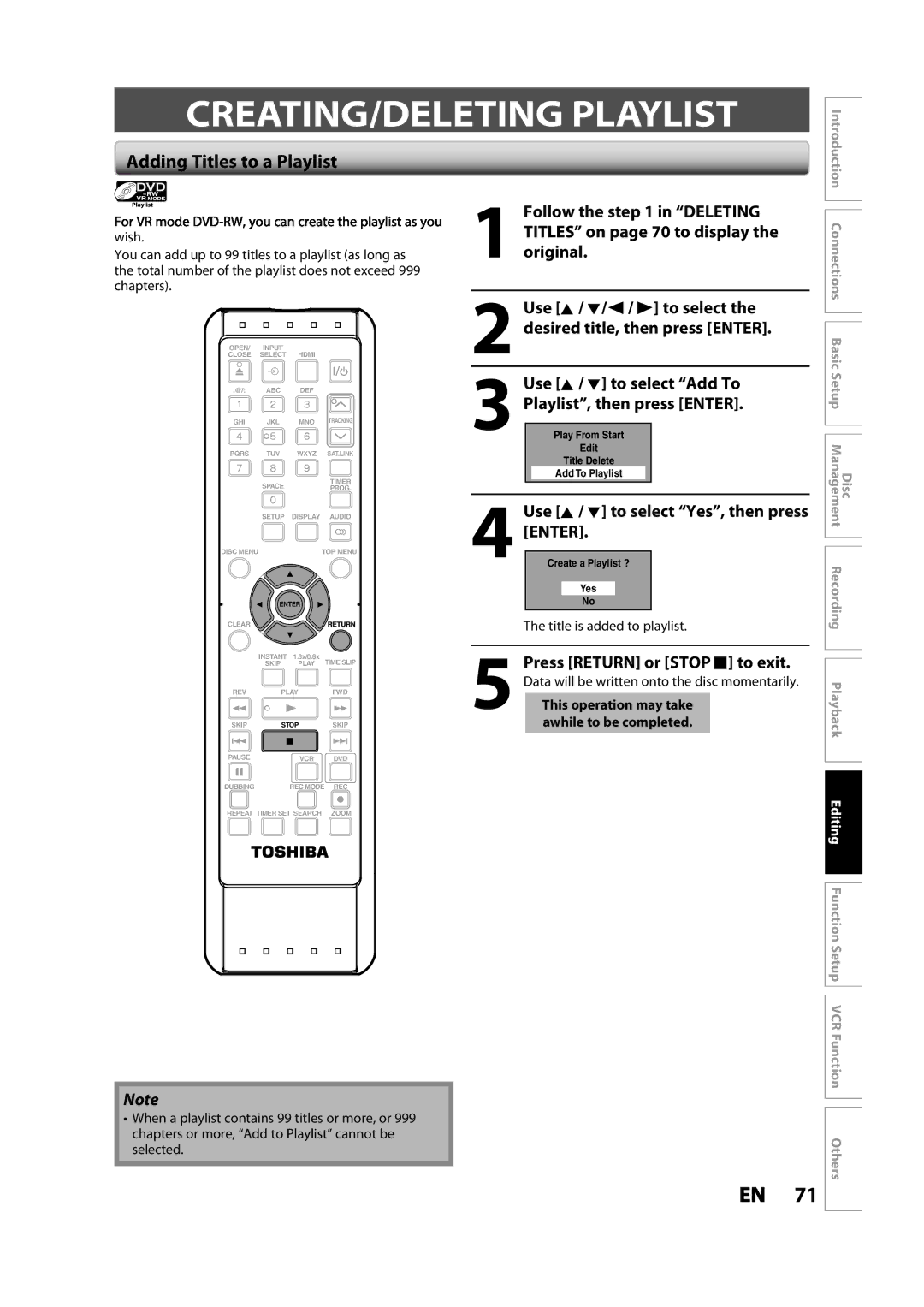 Toshiba DVR620KC owner manual CREATING/DELETING Playlist, Adding Titles to a Playlist 