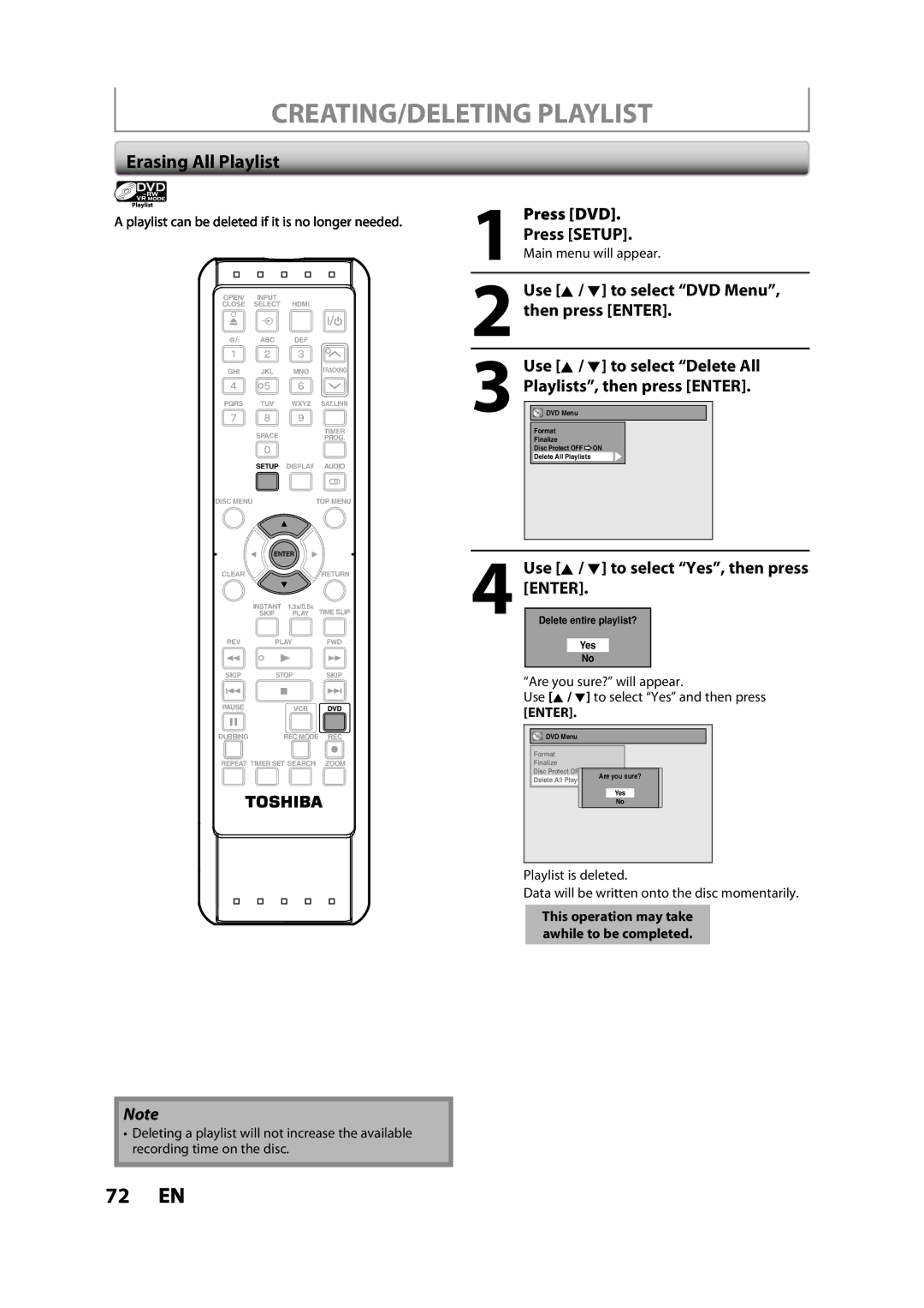 Toshiba DVR620KC owner manual CREATING/DELETING Playlist, Erasing All Playlist, Use K / L to select Delete All, Playlists 