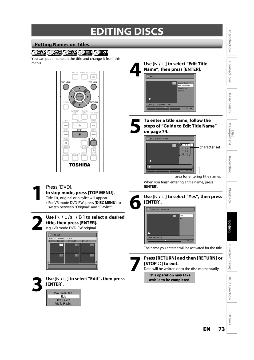 Toshiba DVR620KC owner manual Editing Discs, Putting Names on Titles 