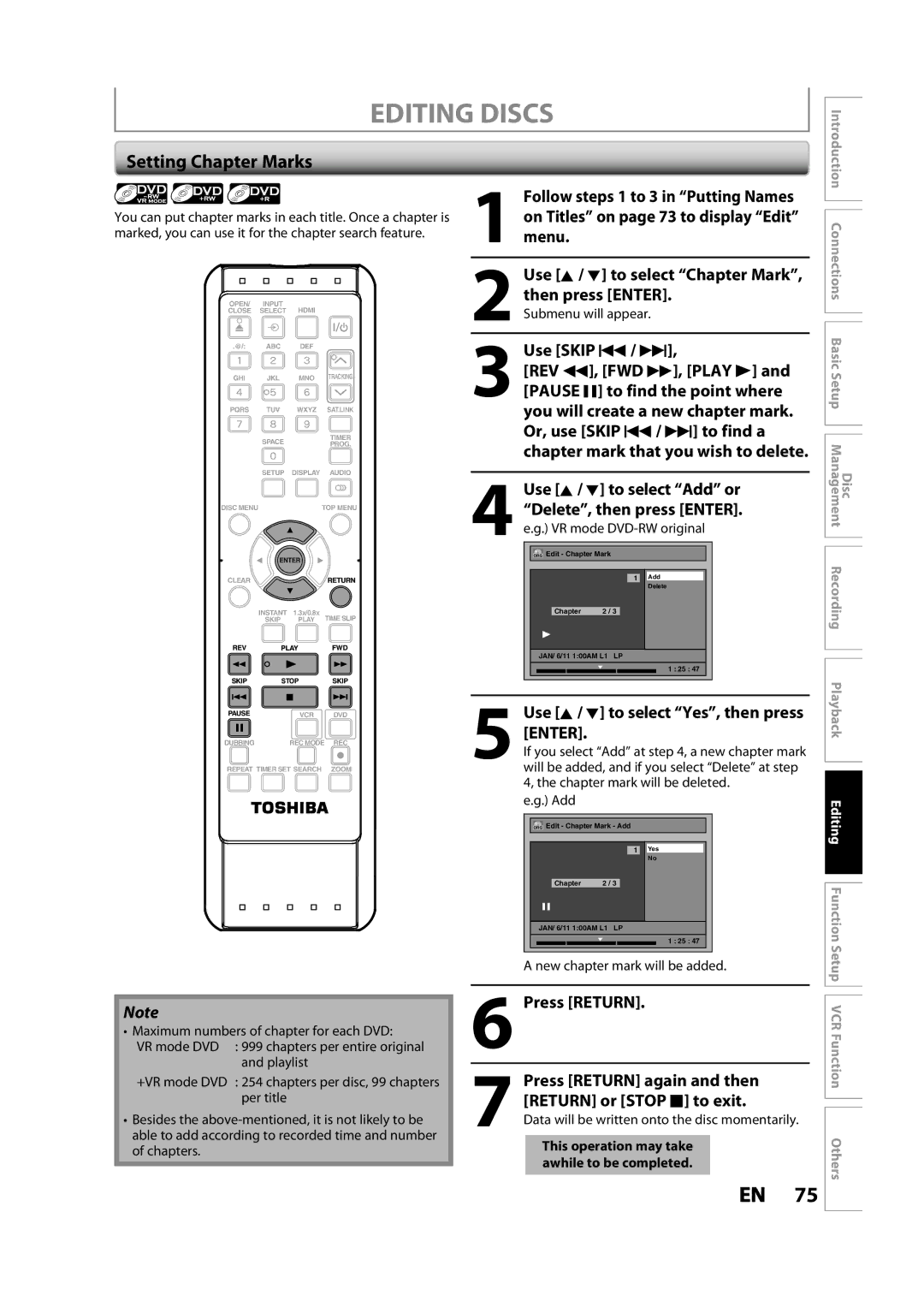 Toshiba DVR620KC Setting Chapter Marks, Use Skip H / G, Press Return again and then, Return or Stop C to exit 