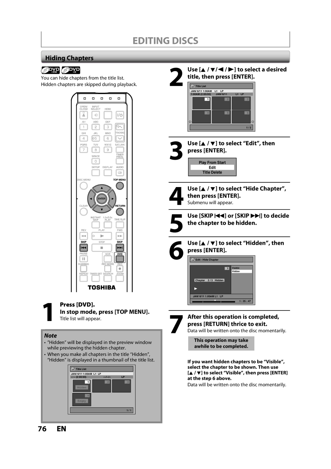 Toshiba DVR620KC Hiding Chapters, Press DVD Stop mode, press TOP Menu, Use K / L to select Edit, then press Enter 