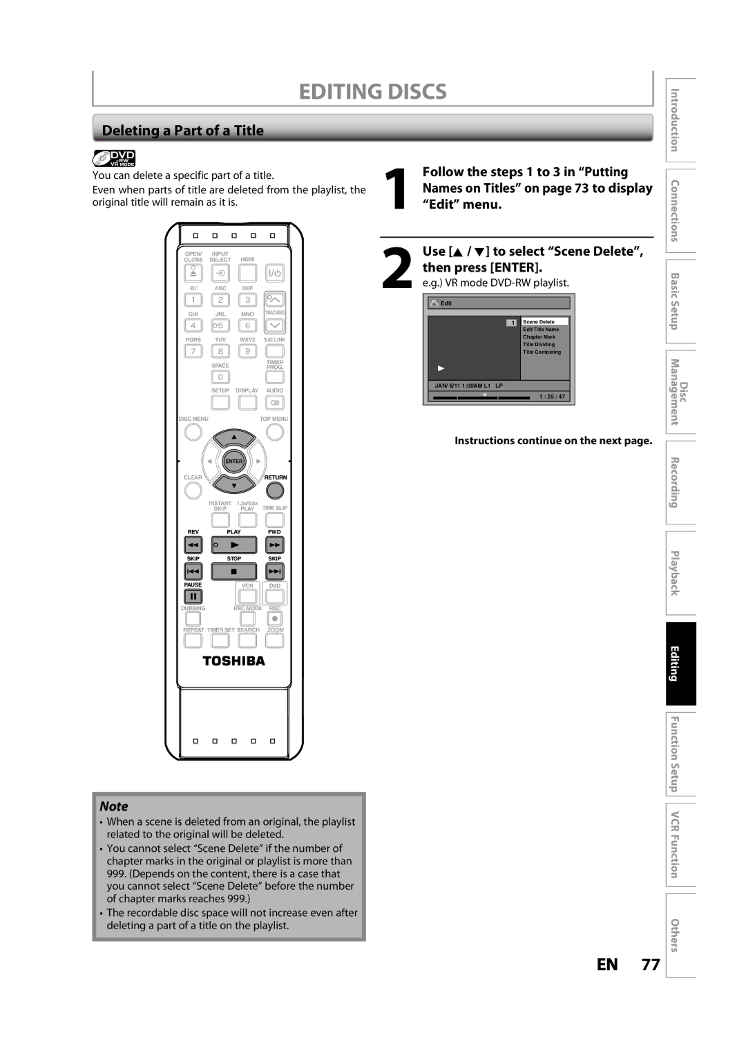 Toshiba DVR620KC owner manual Deleting a Part of a Title, Follow the steps 1 to 3 in Putting, Edit menu 