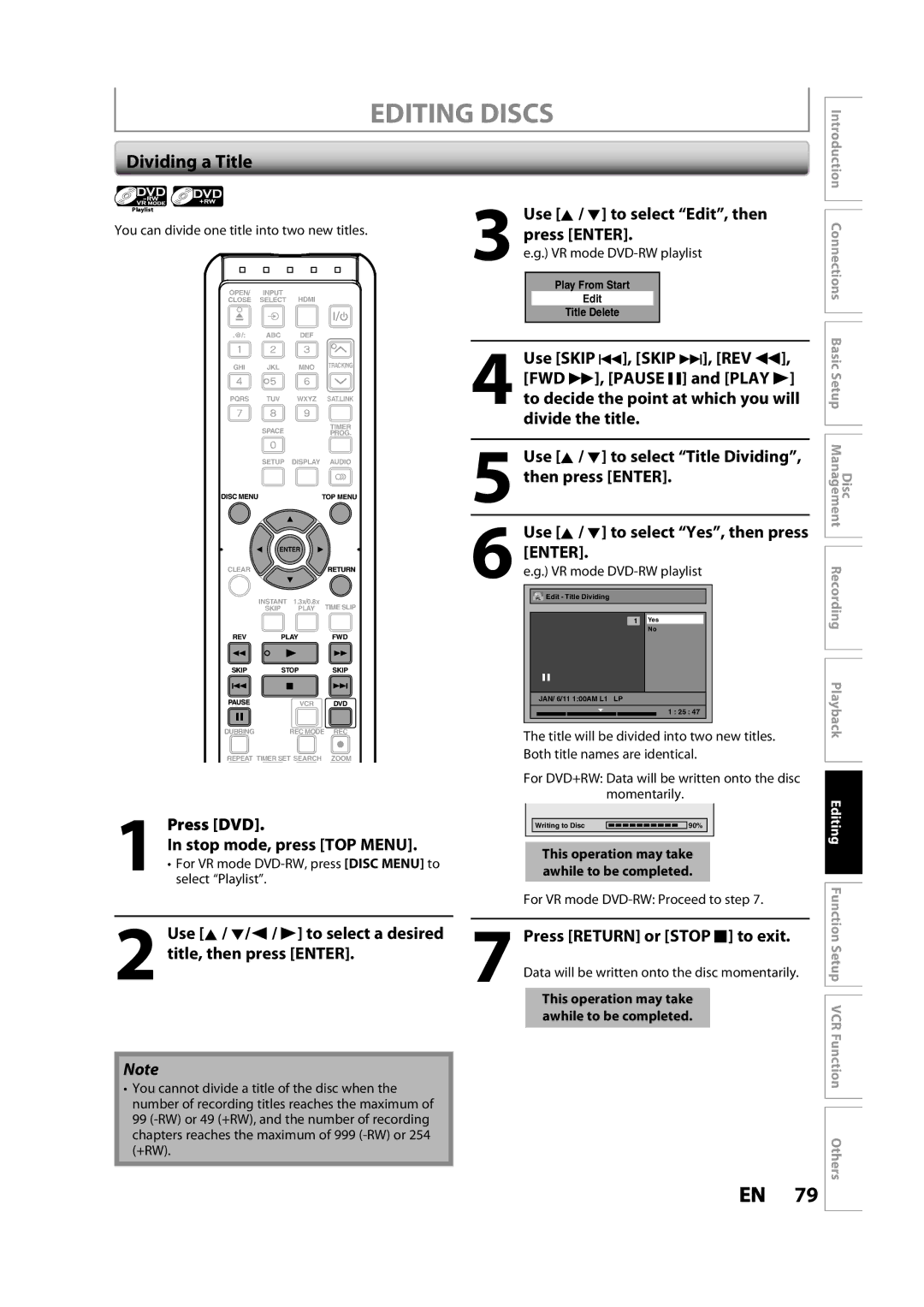 Toshiba DVR620KC owner manual Dividing a Title, You can divide one title into two new titles, VR mode DVD-RW playlist 