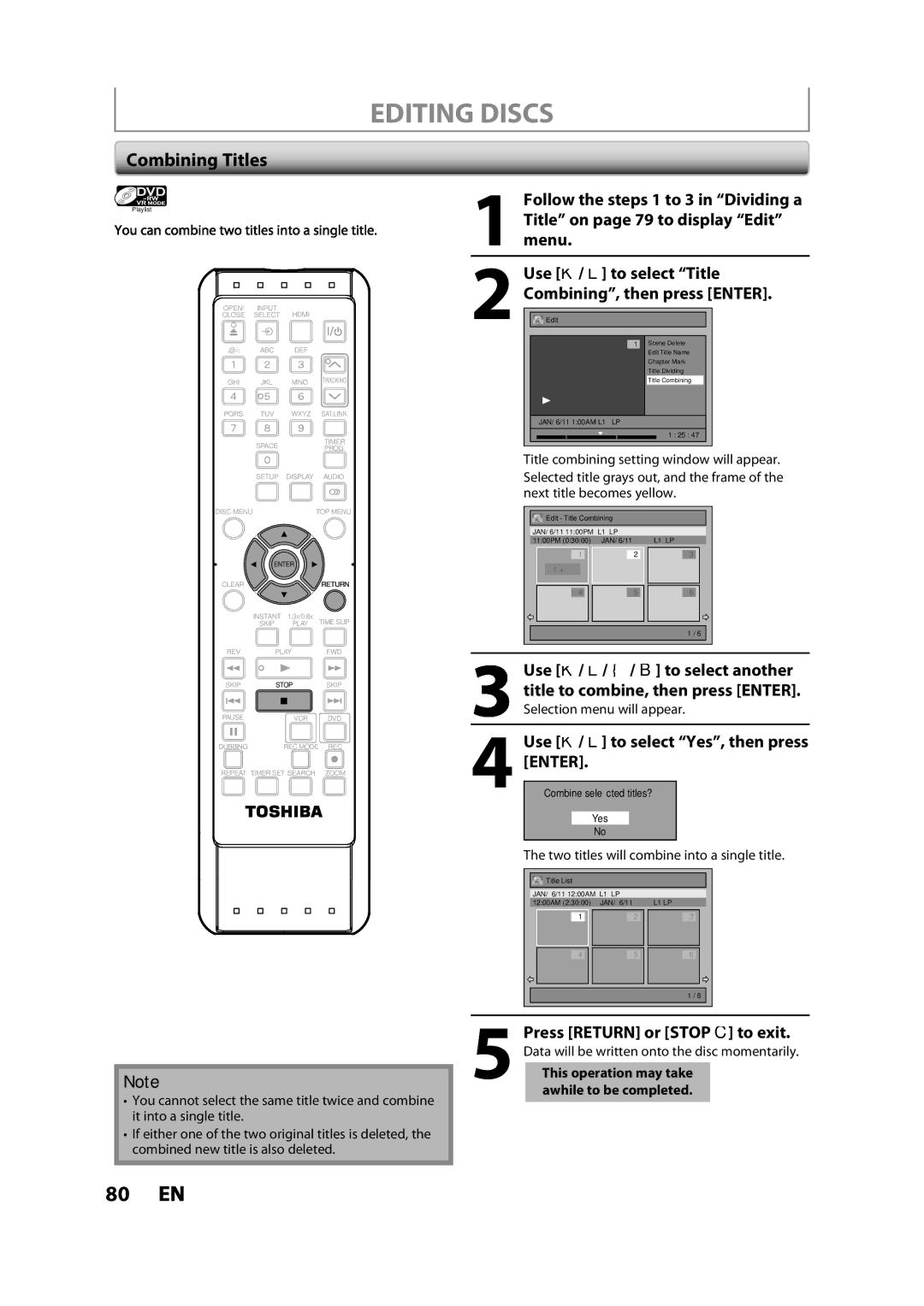 Toshiba DVR620KC owner manual Combining Titles, Use K / L to select Title Combining, then press Enter 