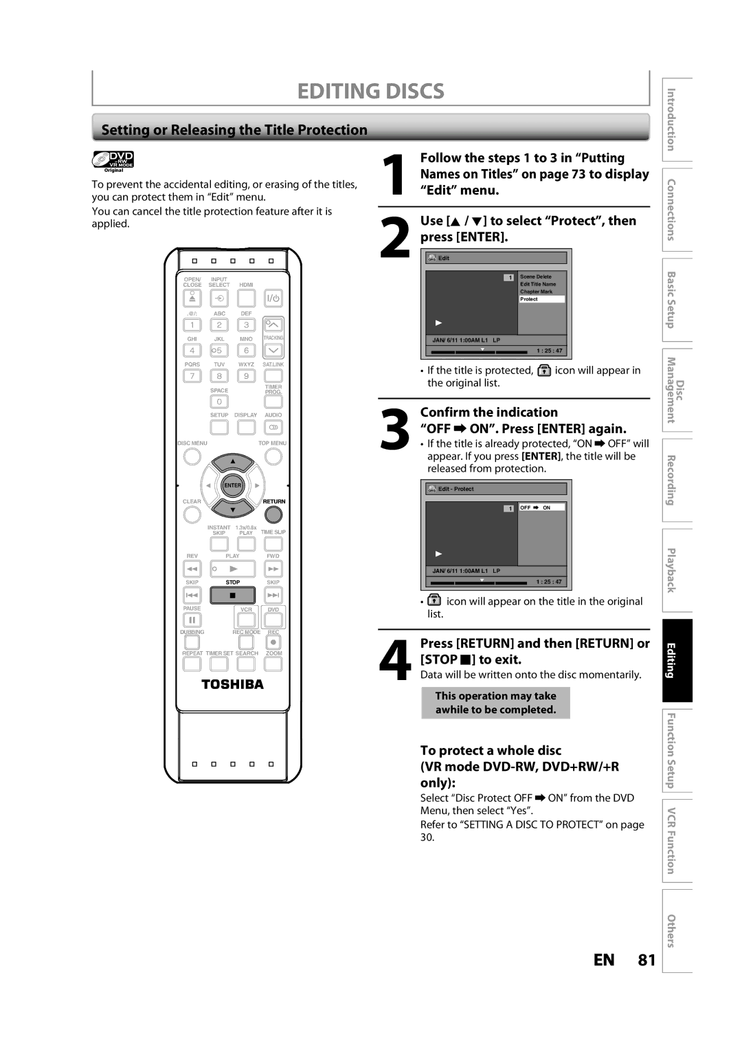 Toshiba DVR620KC owner manual Setting or Releasing the Title Protection, Refer to Setting a Disc to Protect on 