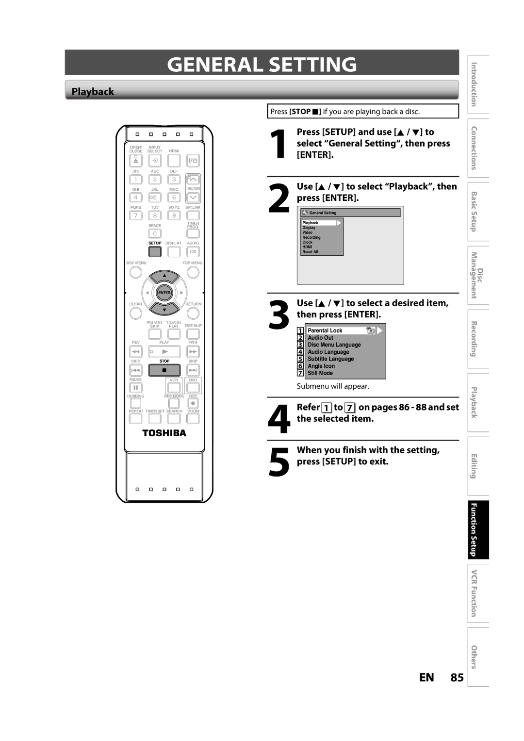 Toshiba DVR620KC owner manual General Setting, Use K / L to select Playback, then press Enter 