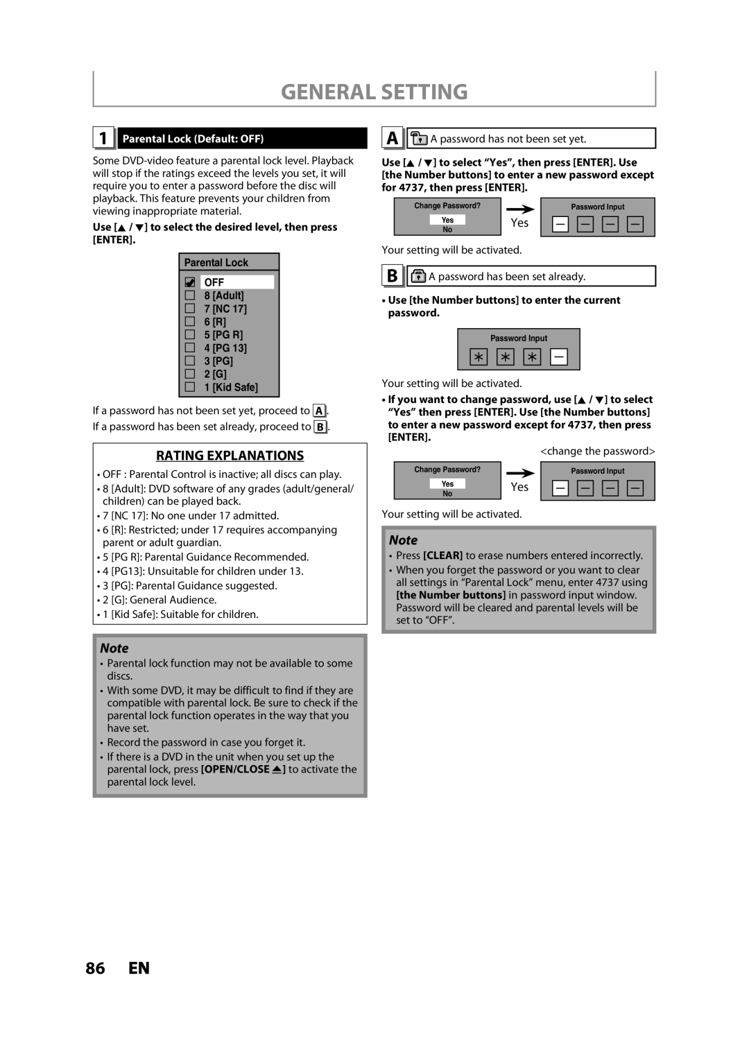 Toshiba DVR620KC General Setting, Yes, Parental Lock Default OFF, Use the Number buttons to enter the current password 