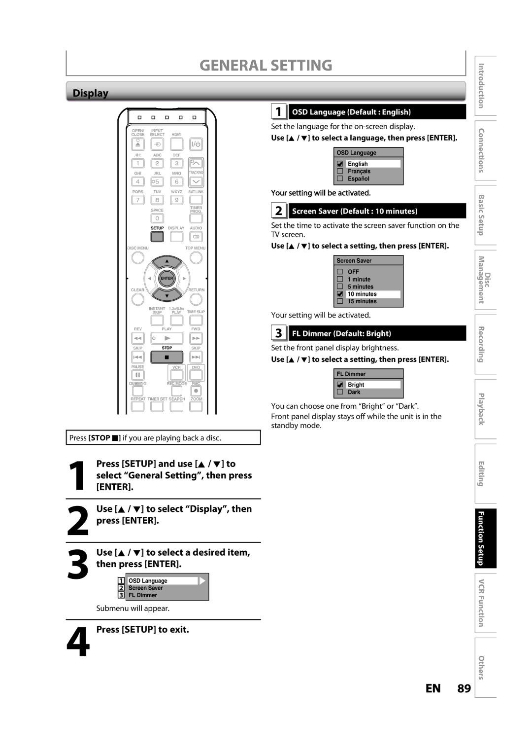 Toshiba DVR620KC Display, Use K / L to select a desired item, OSD Language Default English, FL Dimmer Default Bright 