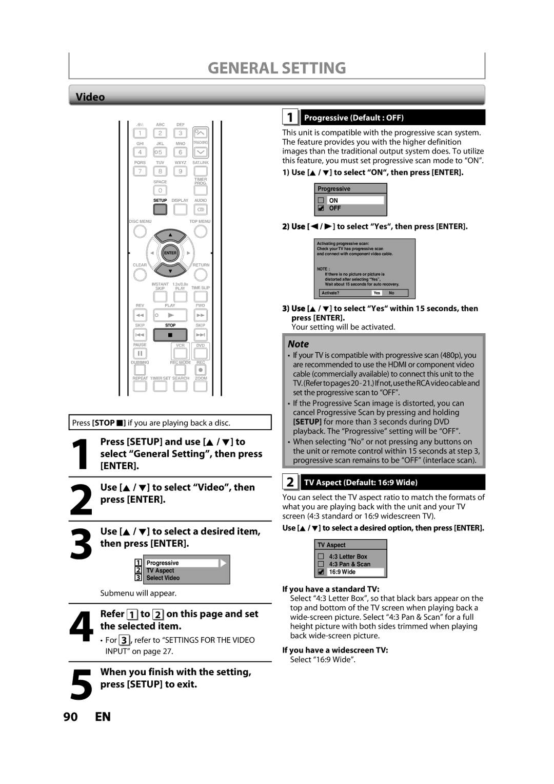 Toshiba DVR620KC owner manual Video, Refer 1 to 2 on this page and set the selected item, Progressive Default OFF 