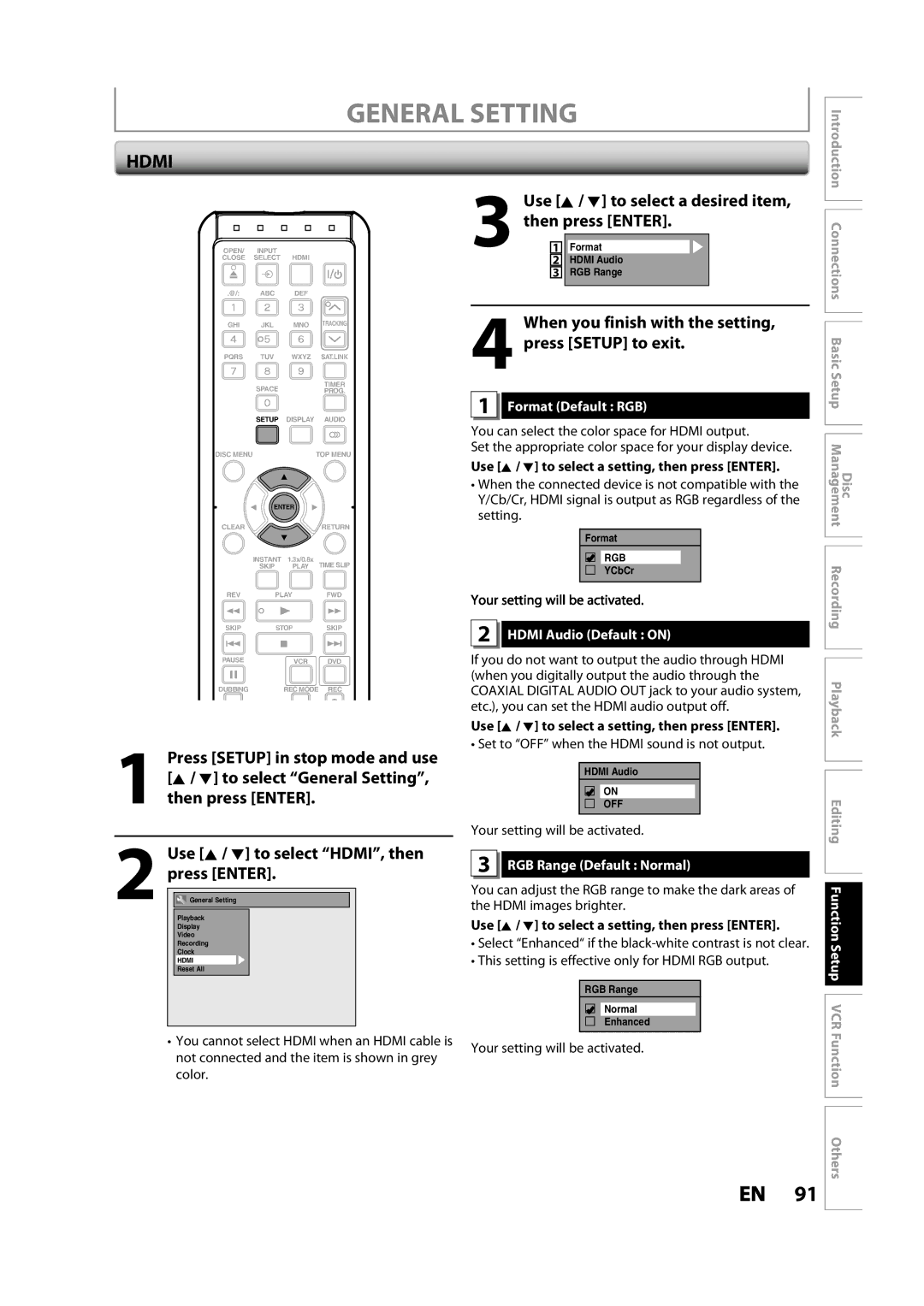 Toshiba DVR620KC owner manual Format Default RGB, Hdmi Audio Default on, Set to OFF when the Hdmi sound is not output 