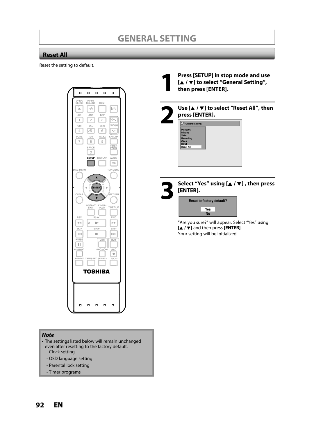 Toshiba DVR620KC owner manual Reset All, To select General Setting 