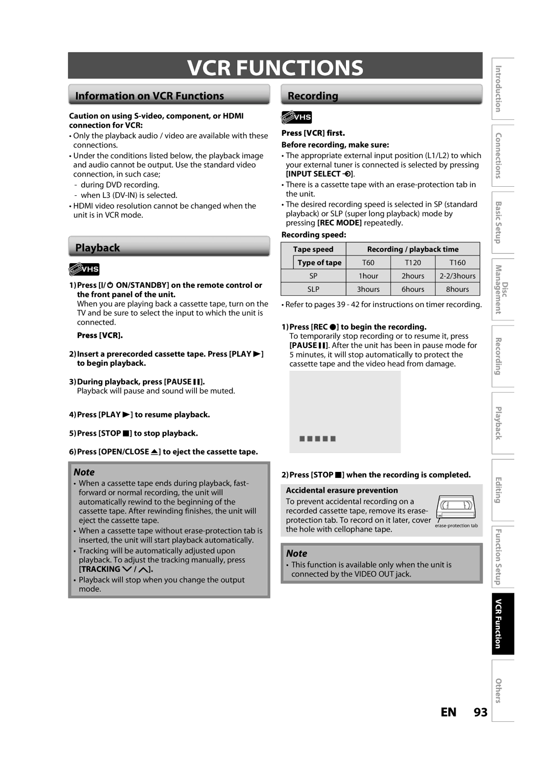 Toshiba DVR620KC owner manual Information on VCR Functions, Recording speed, Press REC I to begin the recording 