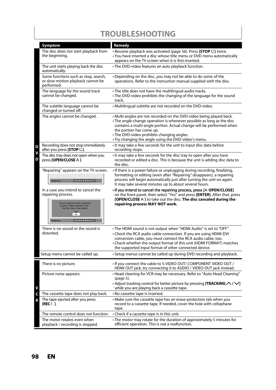 Toshiba DVR620KC owner manual Hdmi sound is not output when Hdmi Audio is set to OFF 