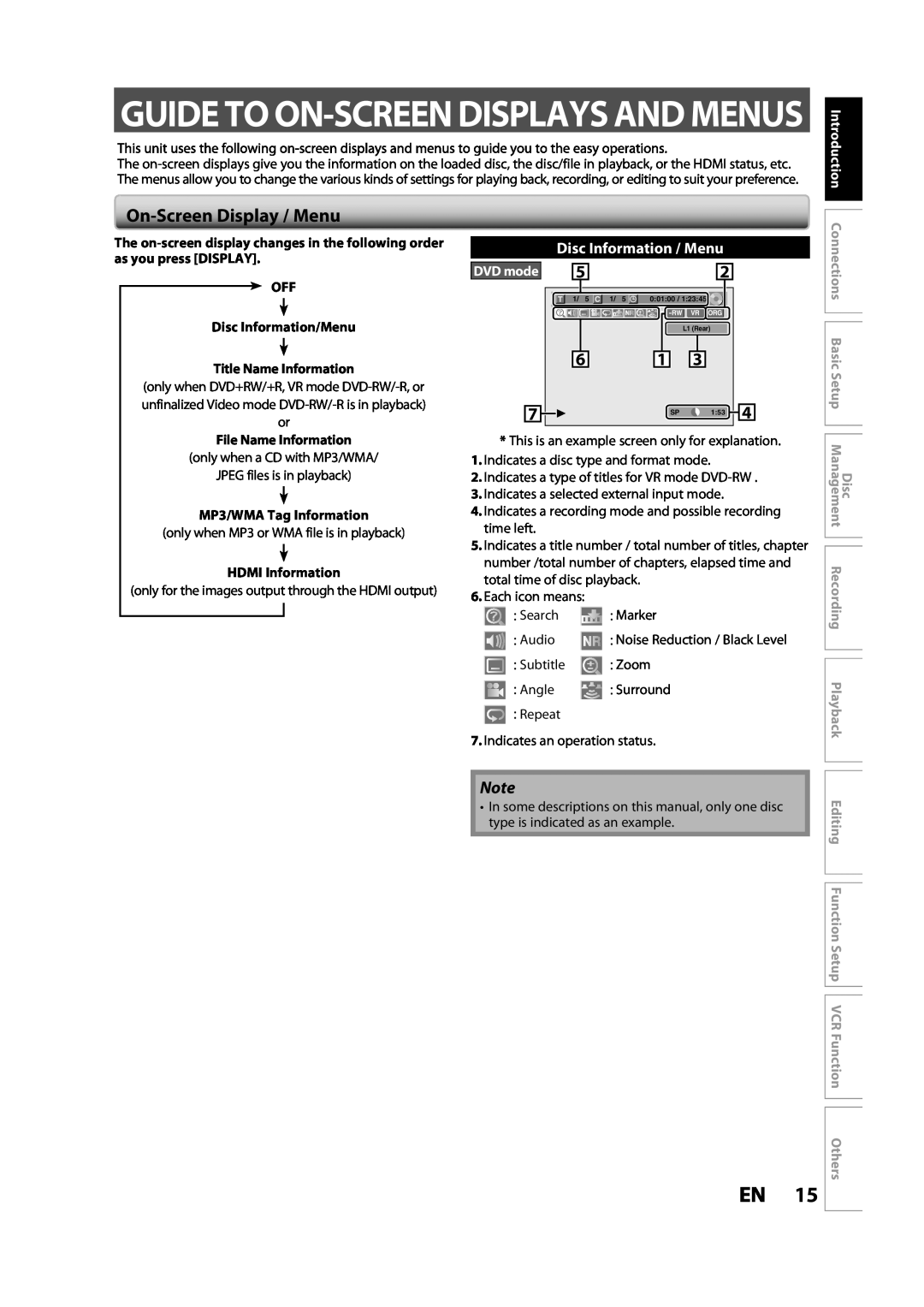 Toshiba DVR620KC owner manual Guide To On-Screen Displays And Menus, On-Screen Display / Menu, Disc Information / Menu 