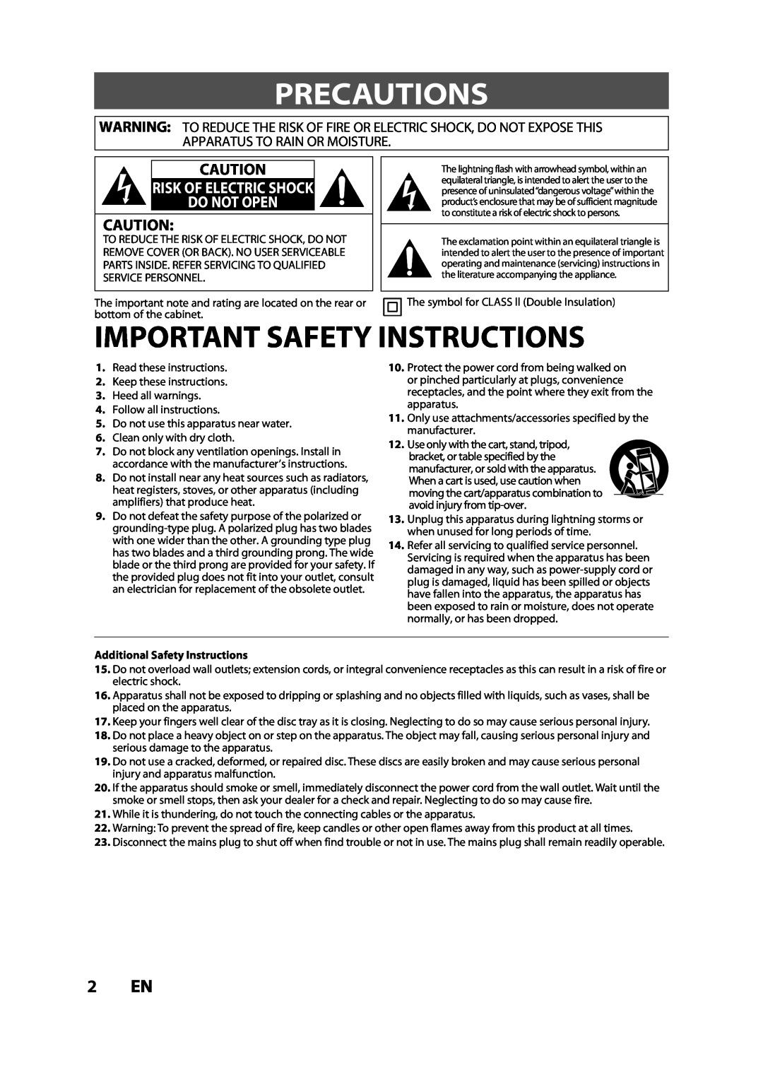 Toshiba DVR620KC owner manual Precautions, 2 EN, Additional Safety Instructions, Important Safety Instructions 